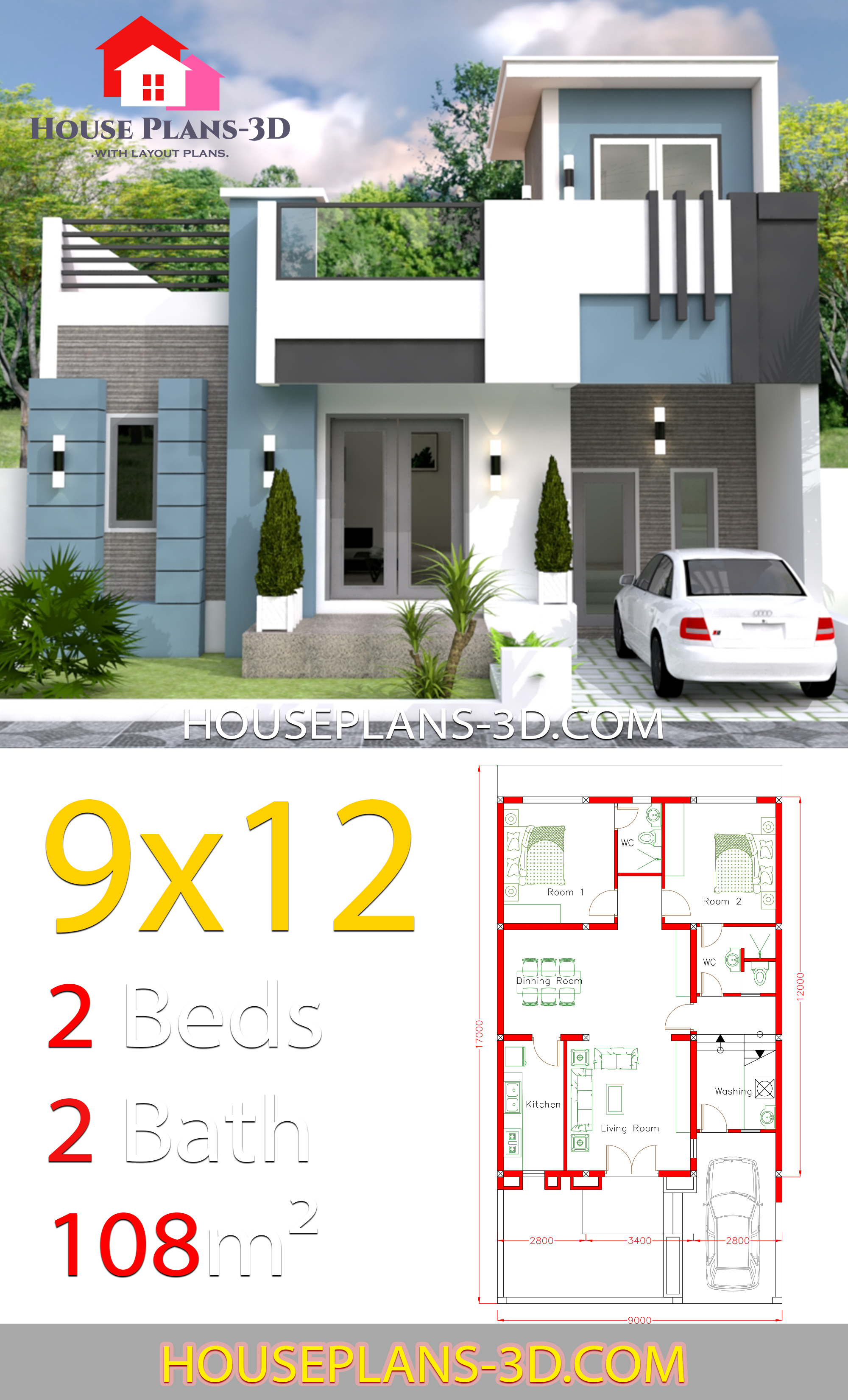 House Design 9x12 with 2 Bedrooms full plans 3d 1
