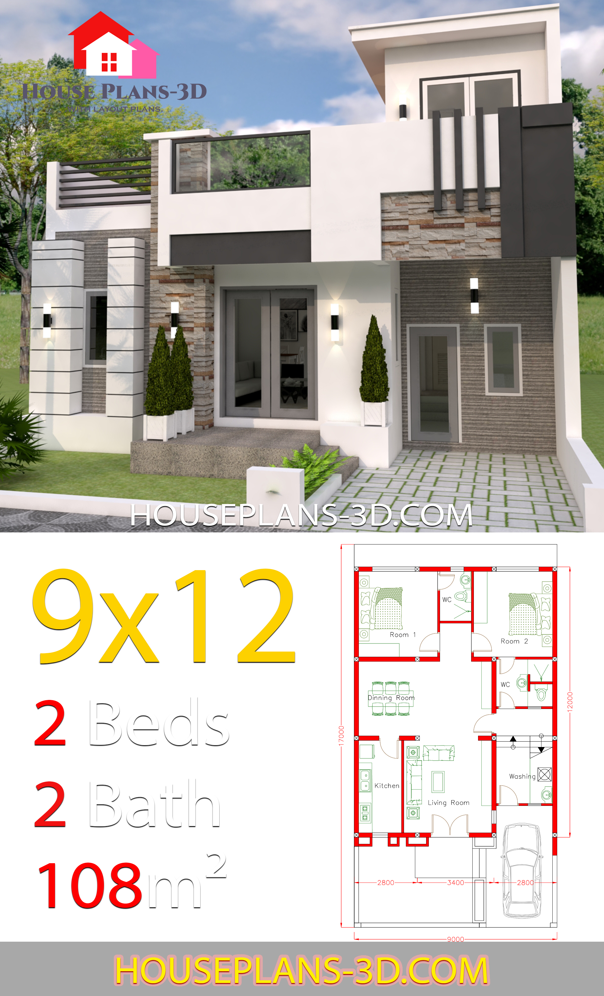 House Design 9x12 with 2 Bedrooms full plans - House Plans 3D