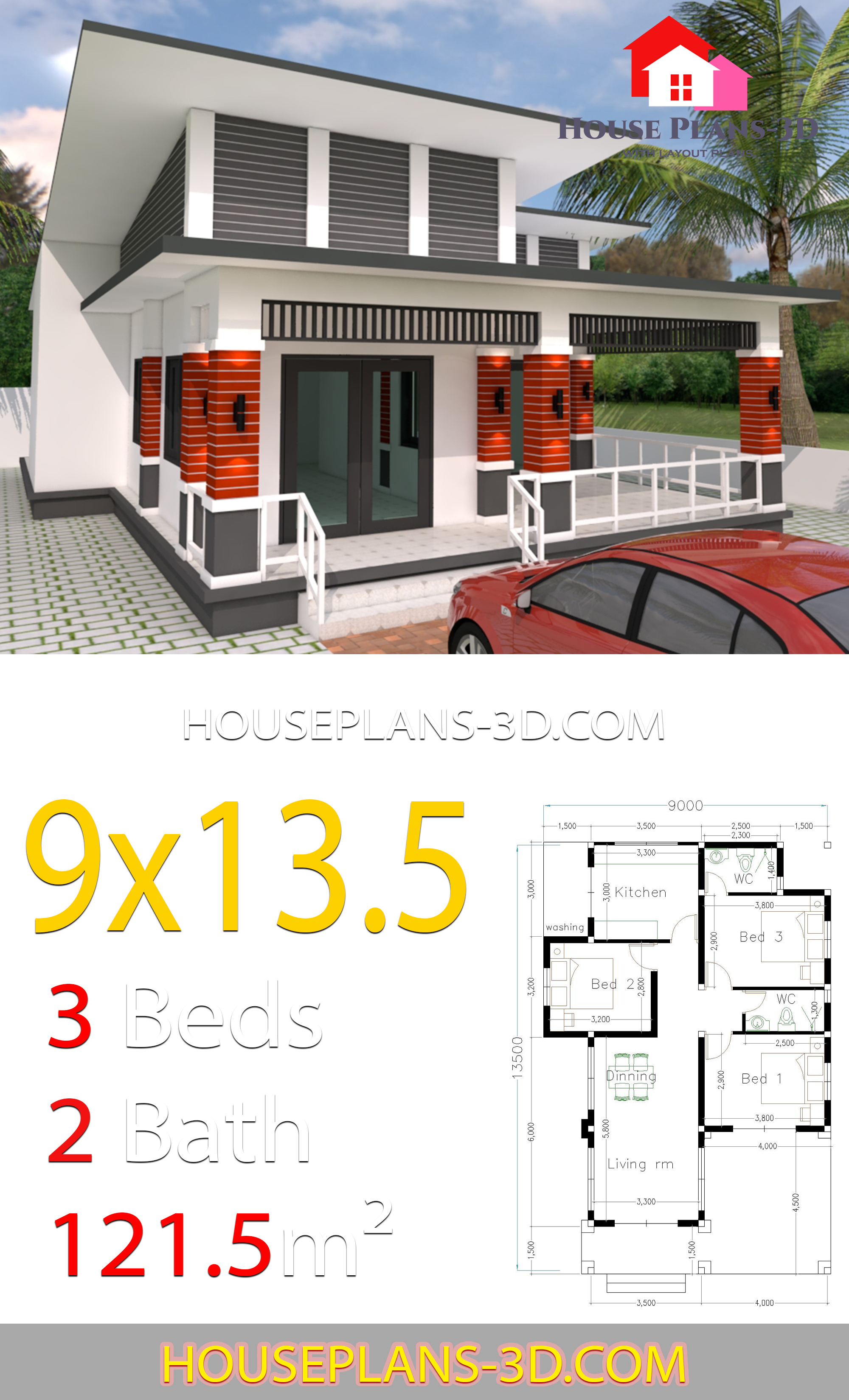 House Design 9x13.5 With 3 Bedrooms Slop roof 3d 4