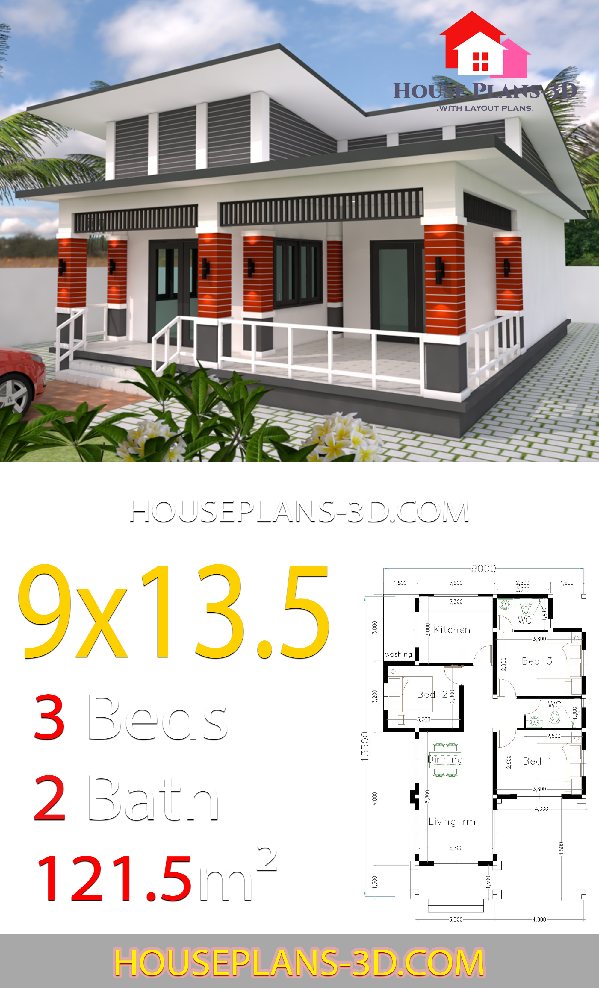 House Design 9x13.5 With 3 Bedrooms Slop roof 3d 2