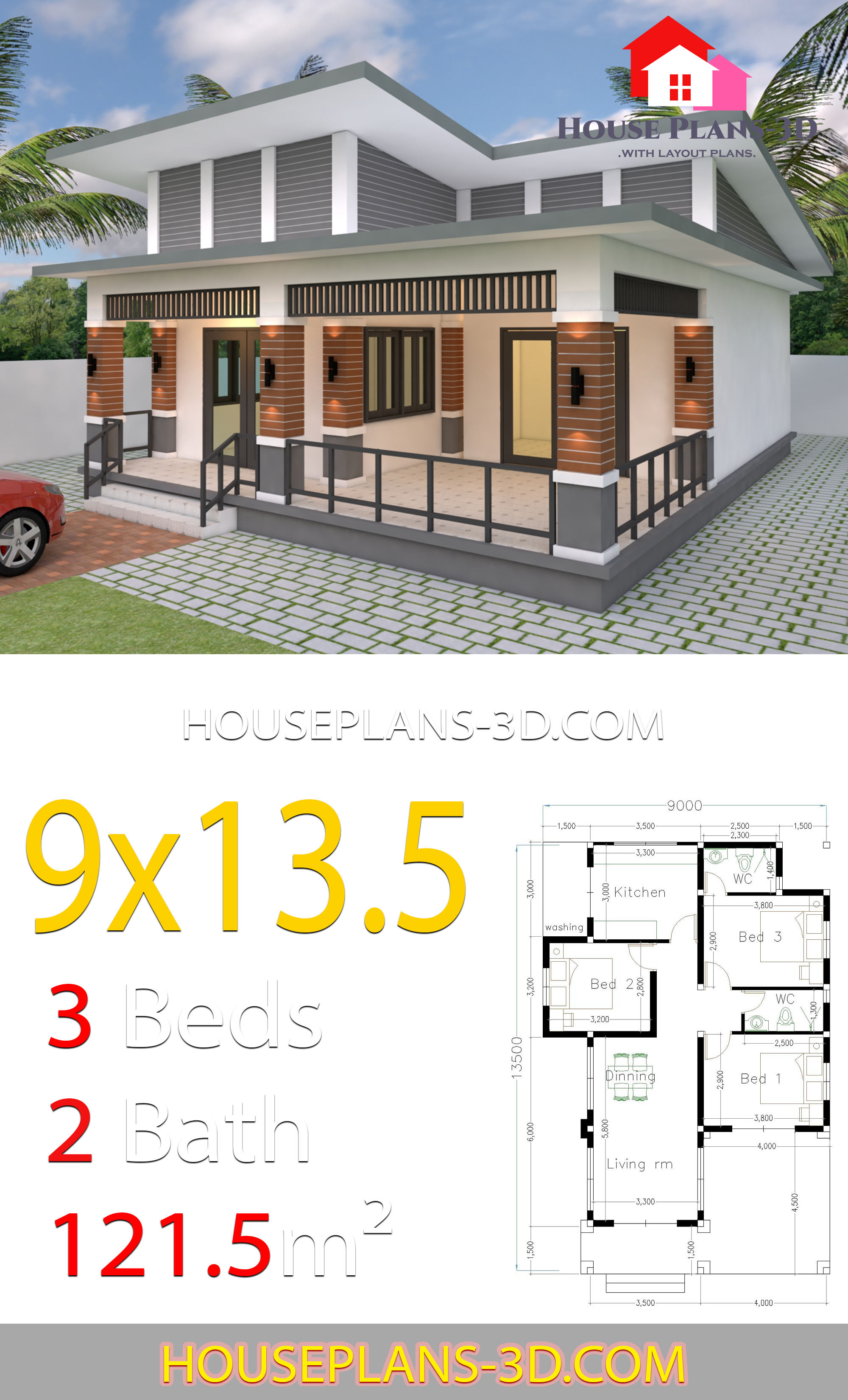 House Design 9x13.5 With 3 Bedrooms Slop roof 3d 1