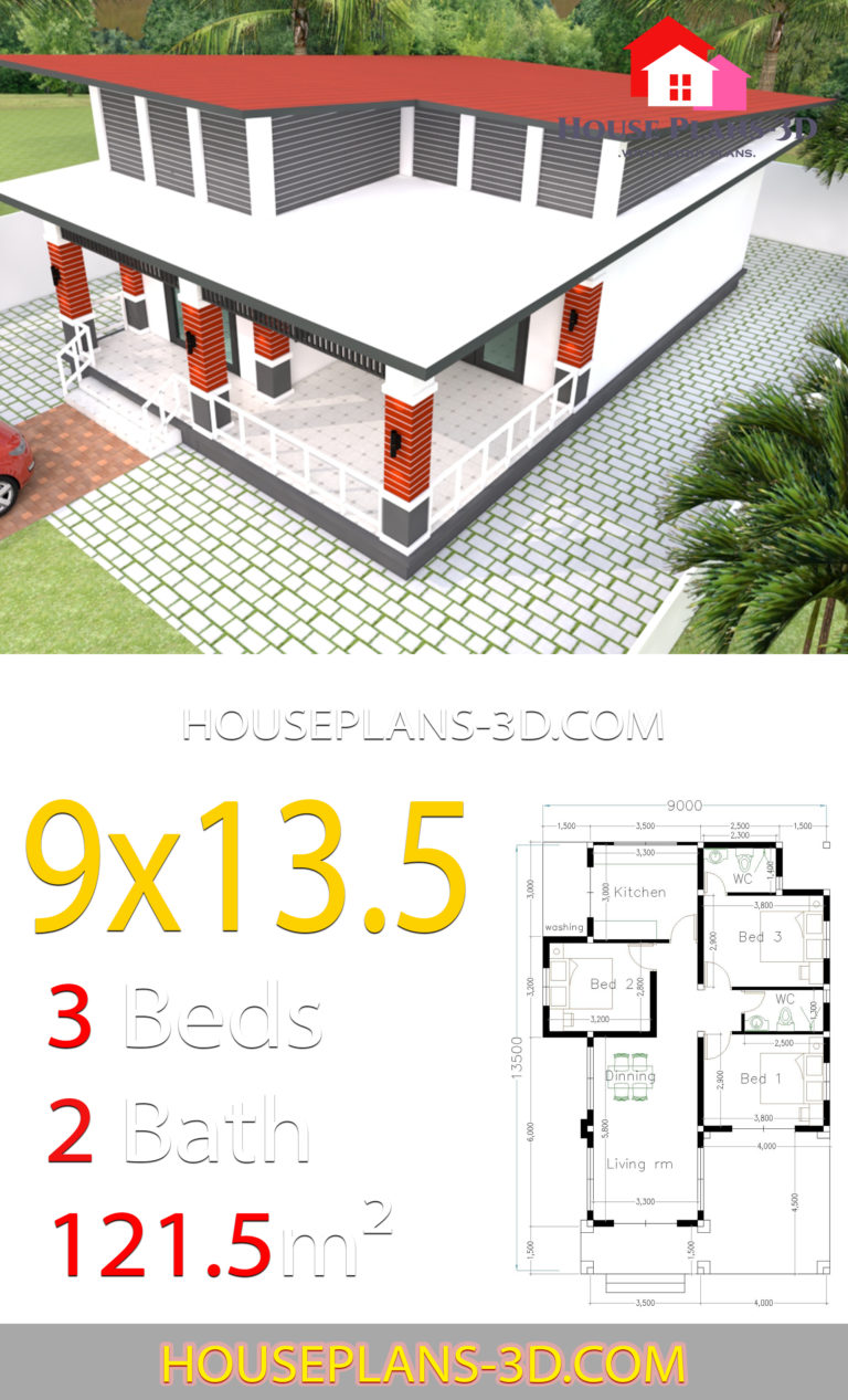 House Design 9x13.5 With 3 Bedrooms Slop roof House Plans 3D