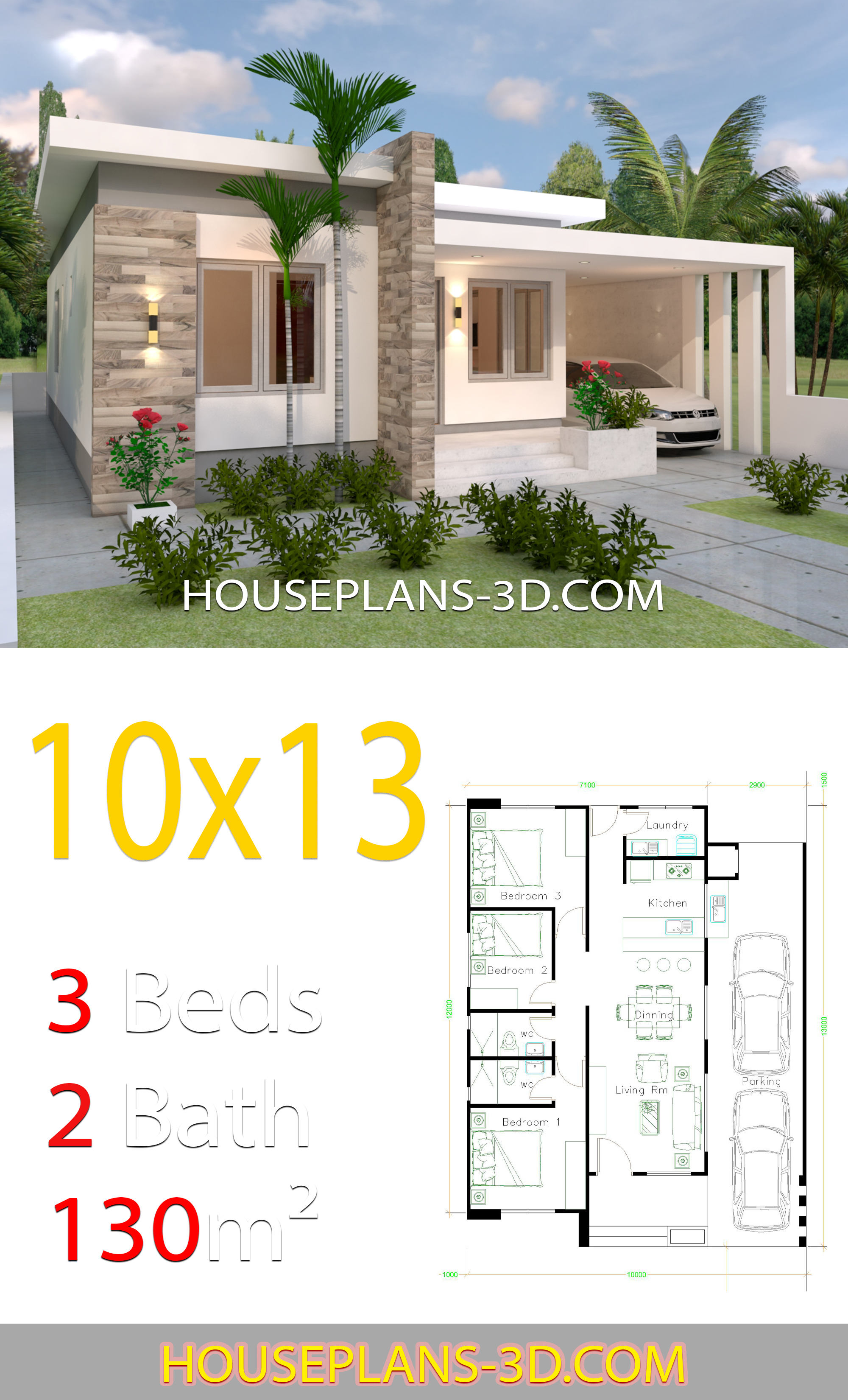 House Design 10x13 with 3 Bedrooms Full Plans 3d 3