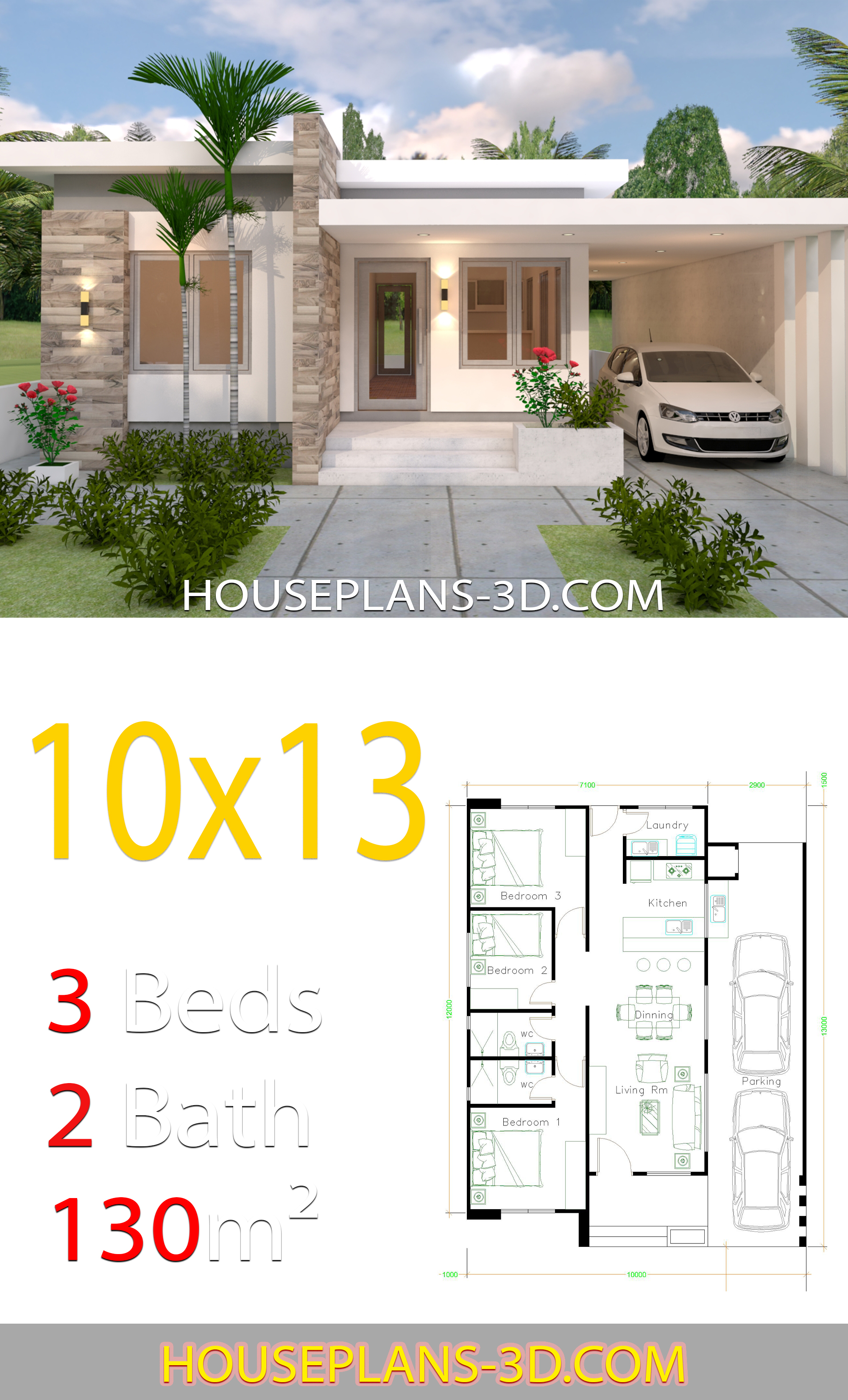 House Design 10x13 with 3 Bedrooms Full Plans 3d 2
