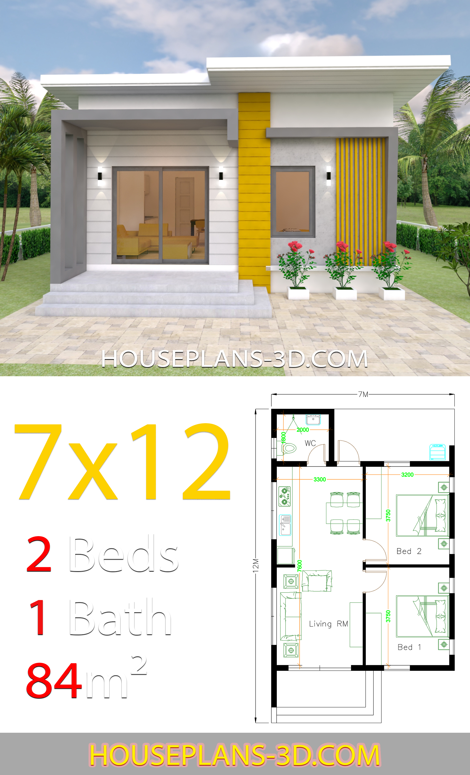 House Design Plans 7x12 with 2 Bedrooms Full Plans 3d 2