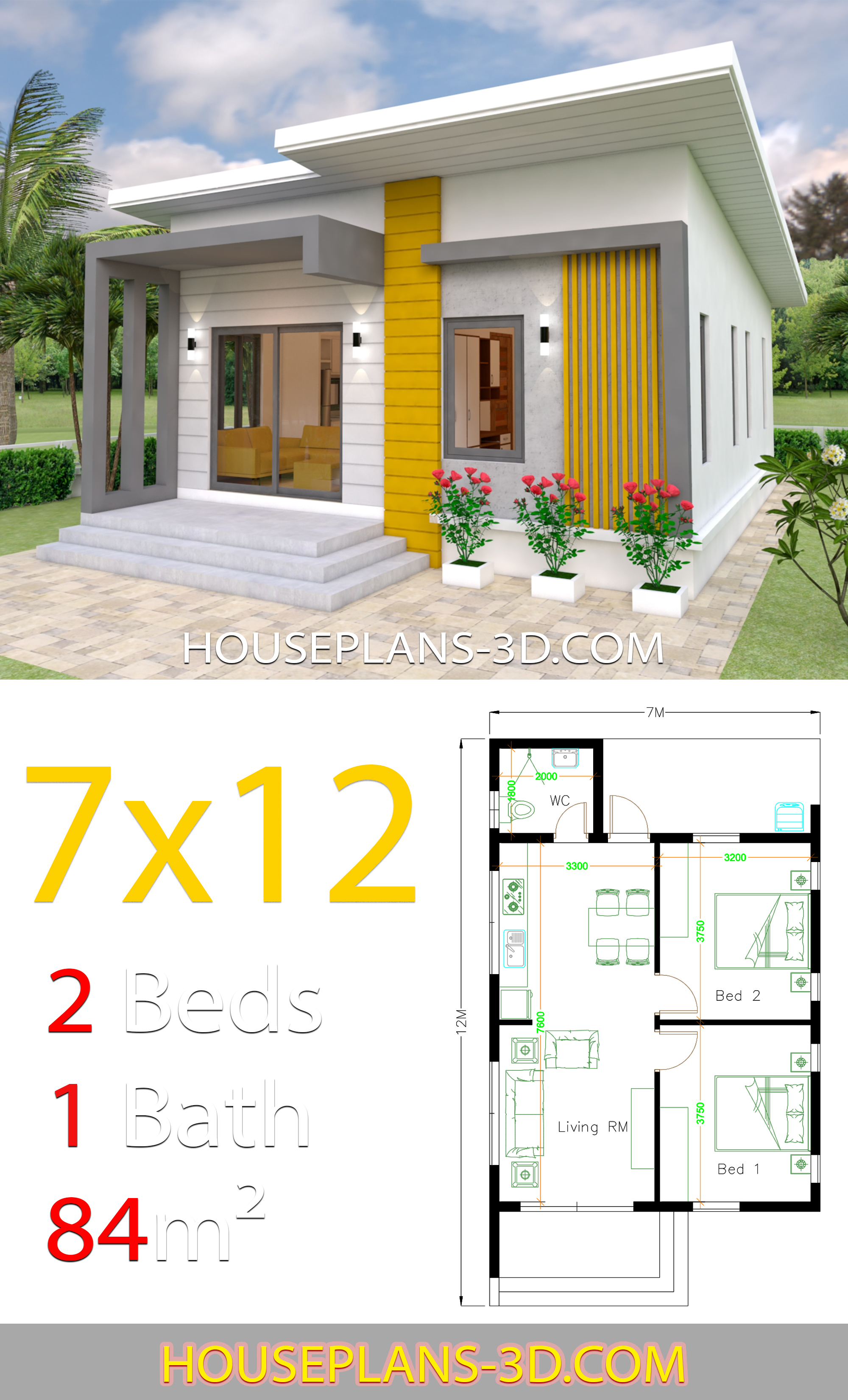 House Design Plans 7x12 with 2 Bedrooms Full Plans 3d 2