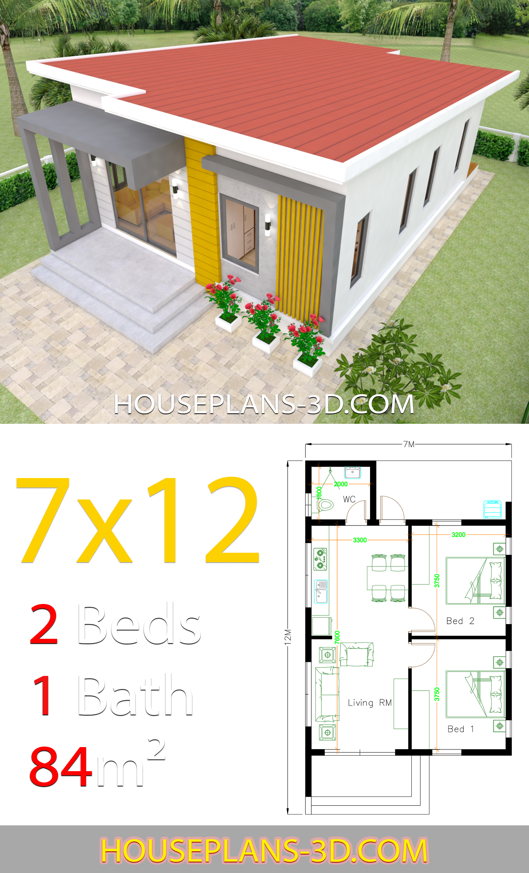 House Design Plans 7x12 with 2 Bedrooms Full Plans 3d 3