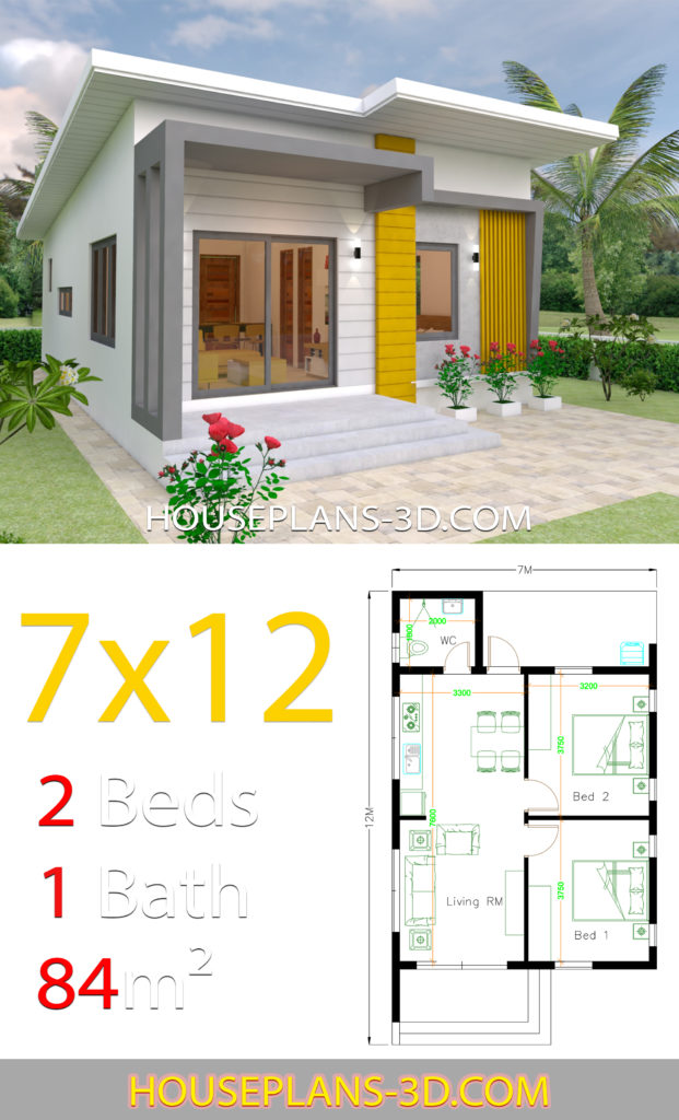 House Design Plans 7x12 with 2 Bedrooms Full Plans - House Plans 3D