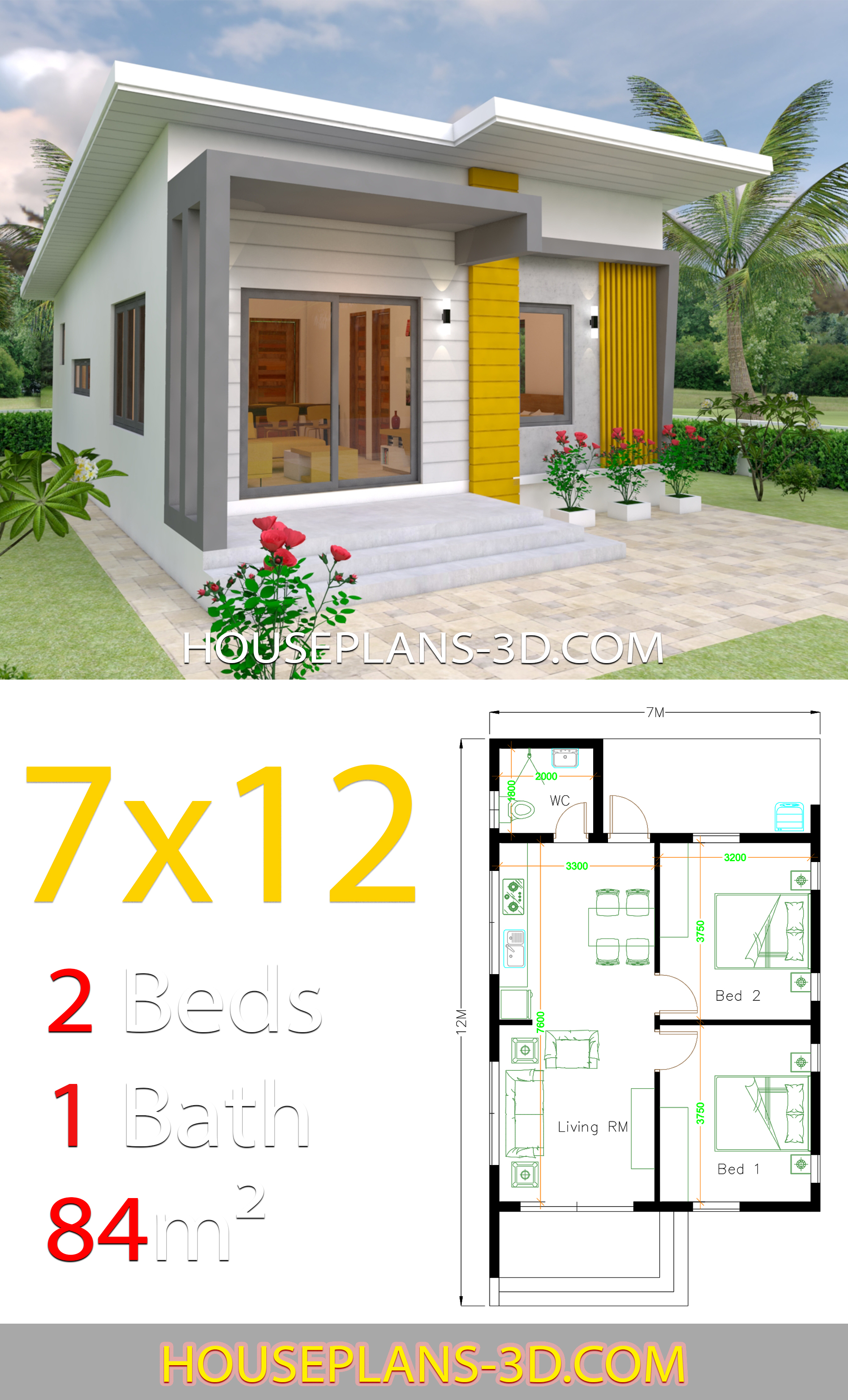 House Design Plans 7x12 with 2 Bedrooms Full Plans 3d 1