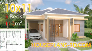 House design 10x12 with 3 Bedrooms Terrace Roof - House Plans 3D