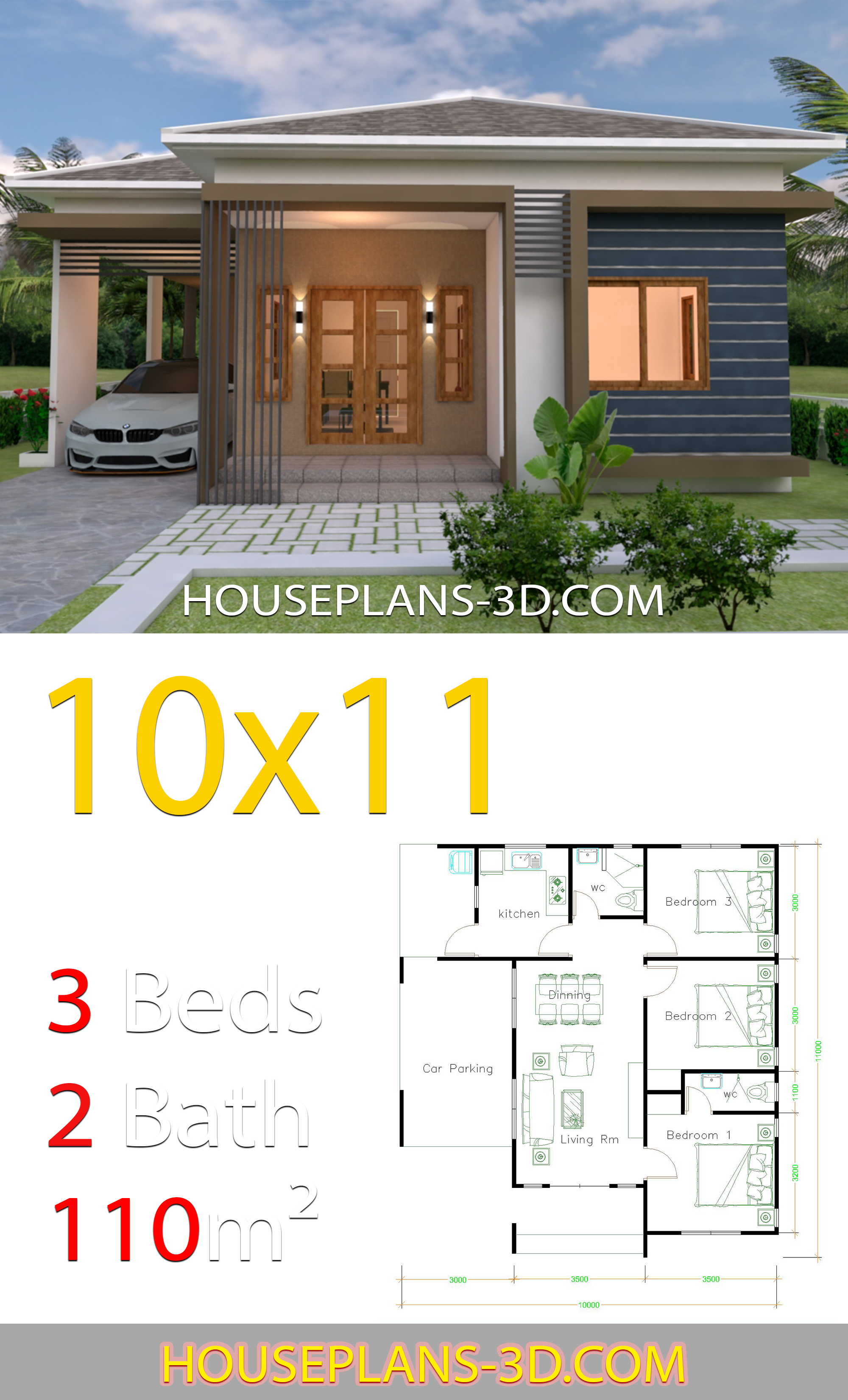House design 10x11 with 3 Bedrooms Hip tiles 3d 3