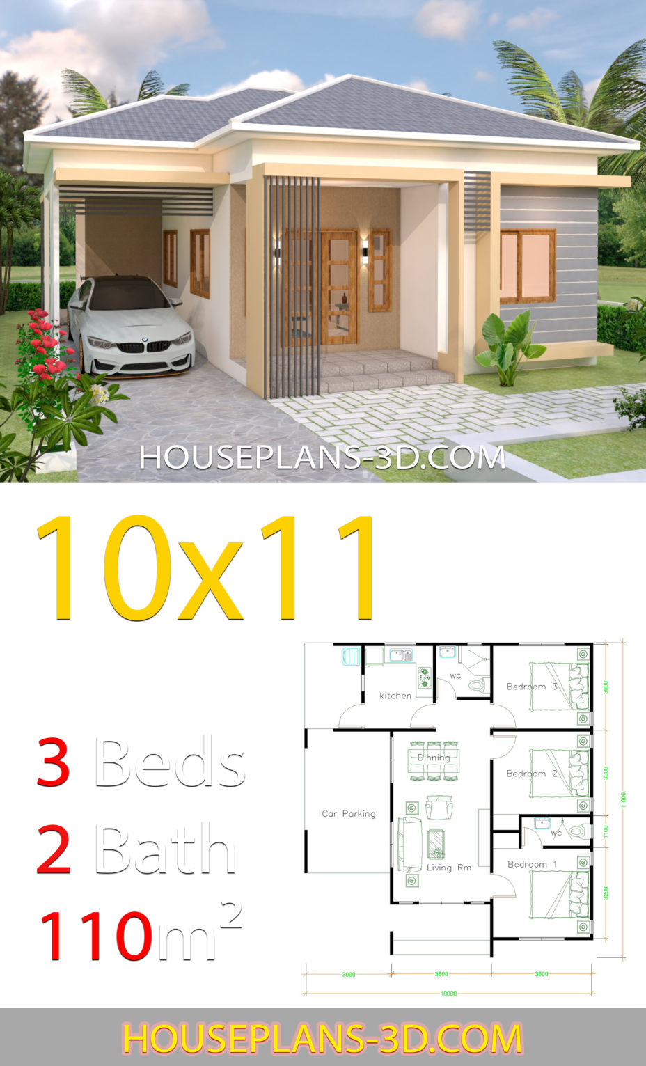 House design 10x11 with 3 Bedrooms Hip tiles - House Plans 3D