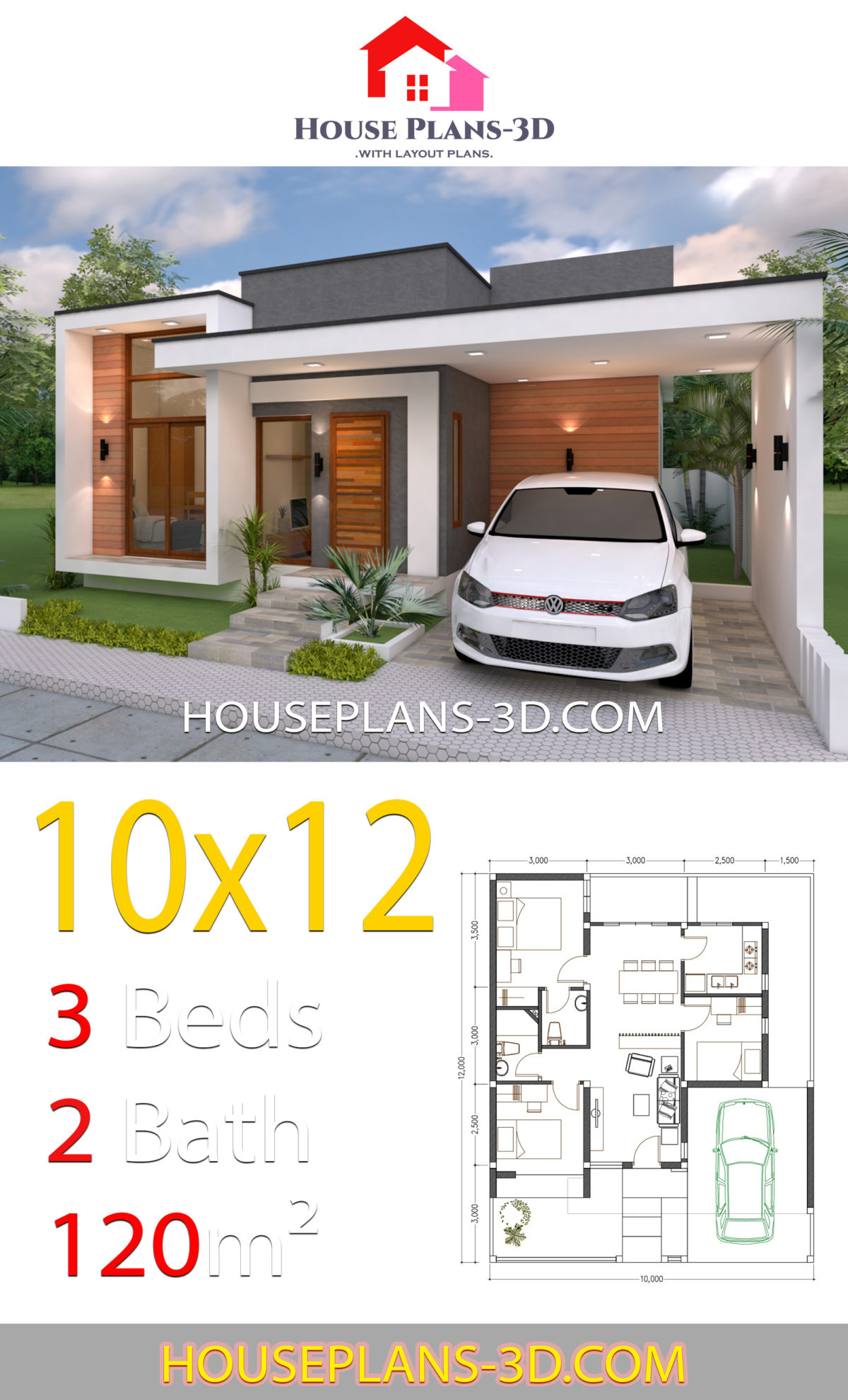House design 10x12 with 3 Bedrooms Terrace Roof - House Plans 3D