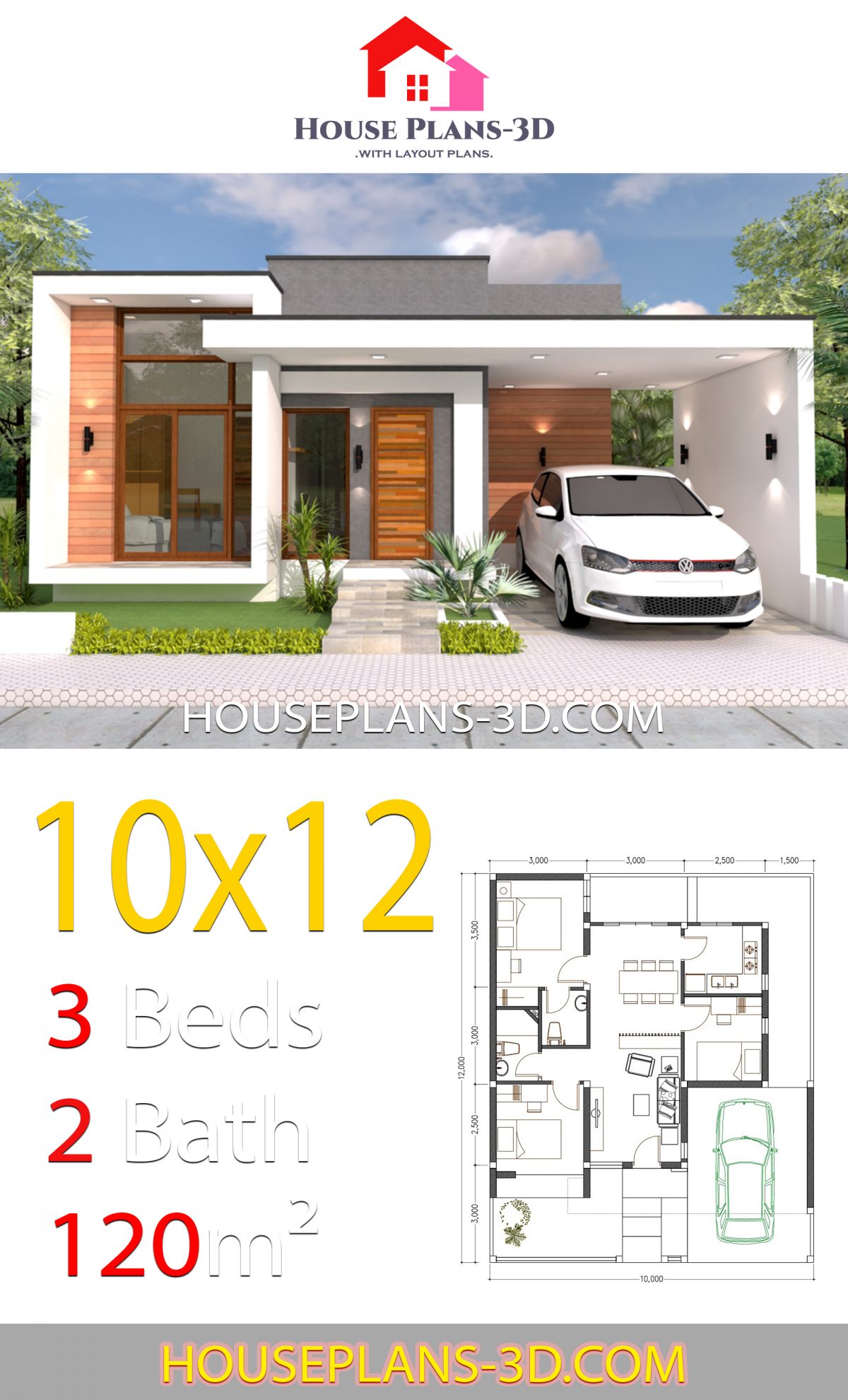 House Design 10x12 With 3 Bedrooms Terrace Roof House Plans 3D