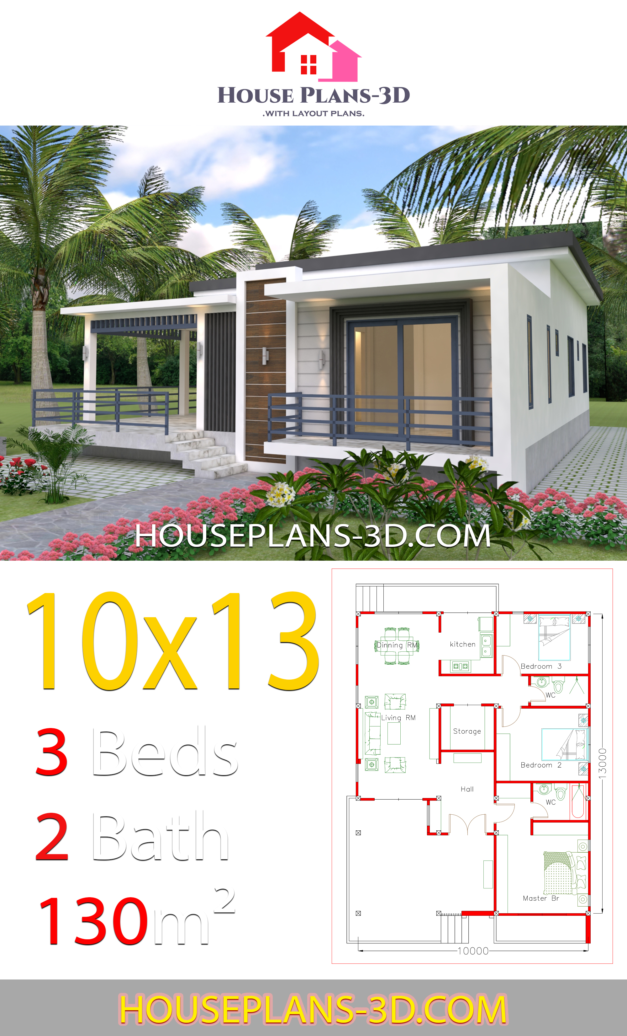 House design 10x13 with 3 Bedrooms Terrace roof 3d 2