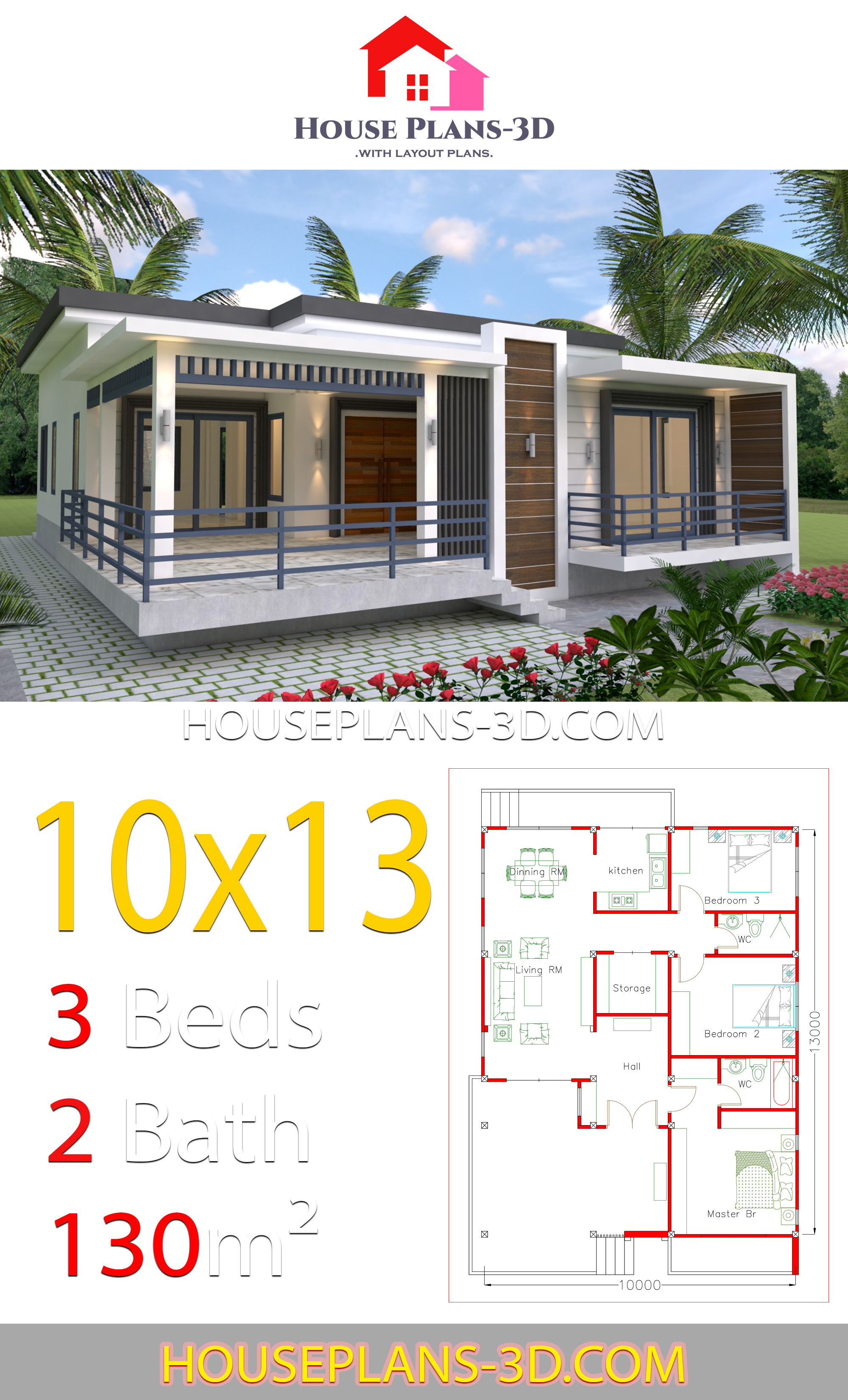 House design 10x13 with 3 Bedrooms Terrace roof 3d 3