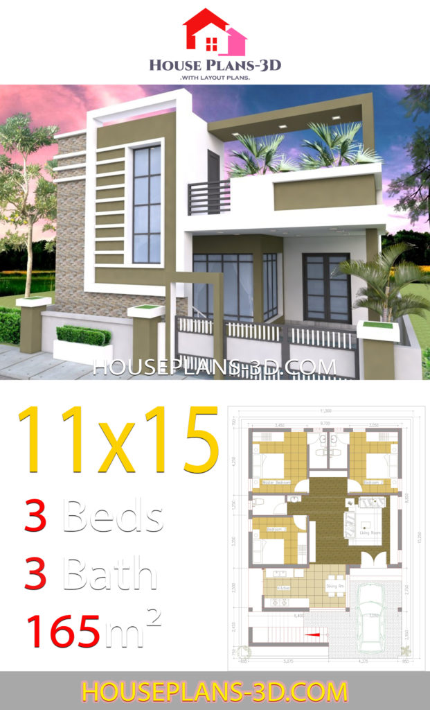 House design 11x15 with 3 bedrooms Terrace roof - House Plans 3D