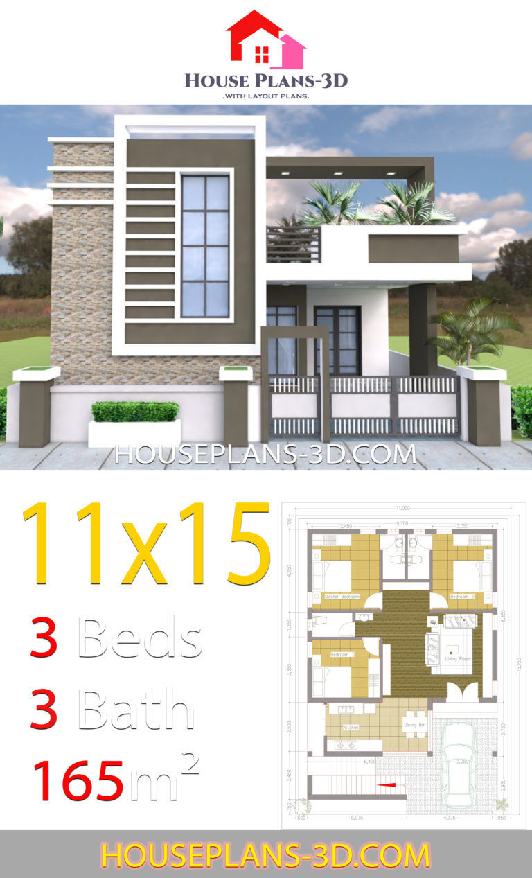House design 11x15 with 3 bedrooms Terrace roof - House Plans 3D