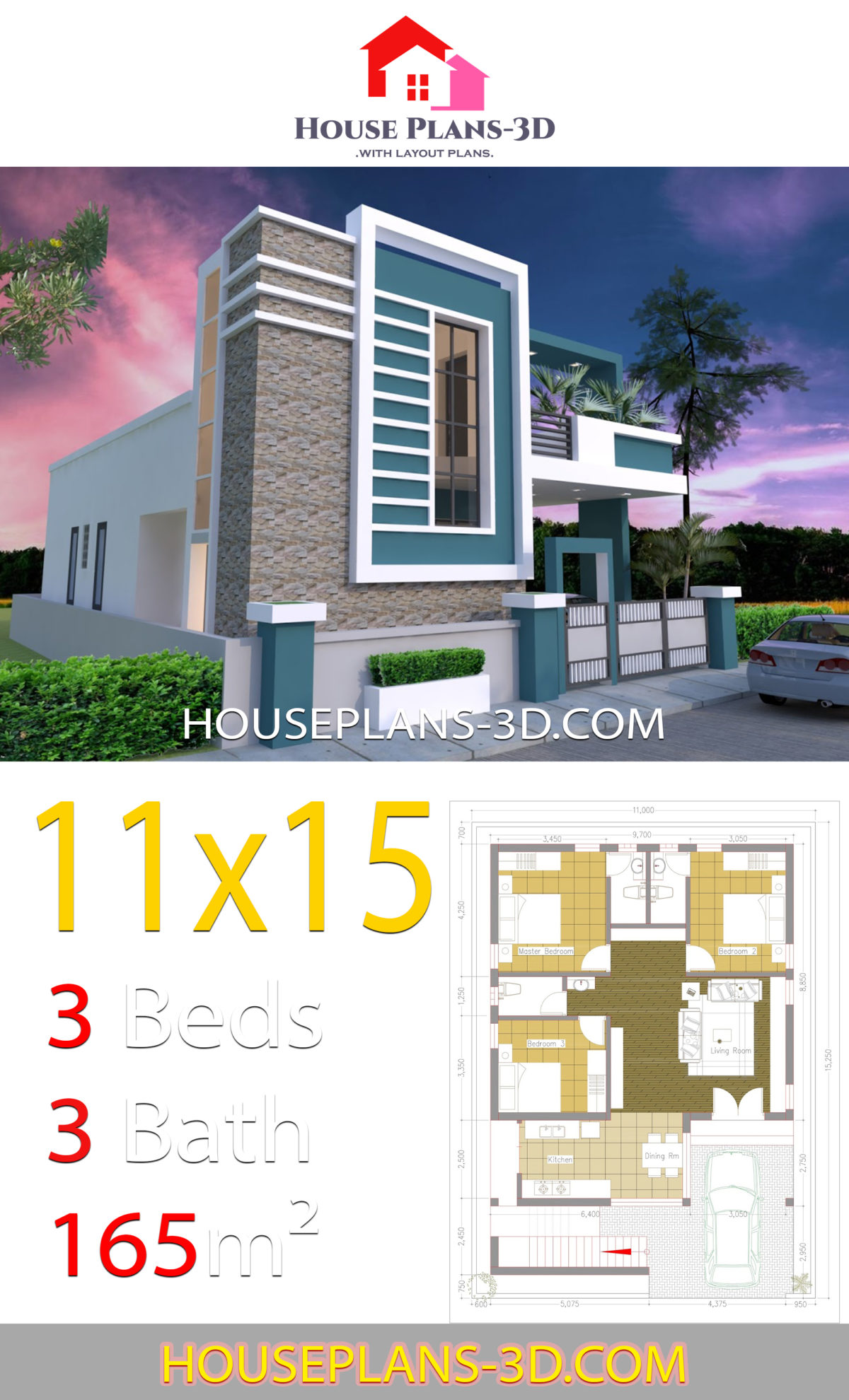 House design 11x15 with 3 bedrooms Terrace roof - House Plans 3D