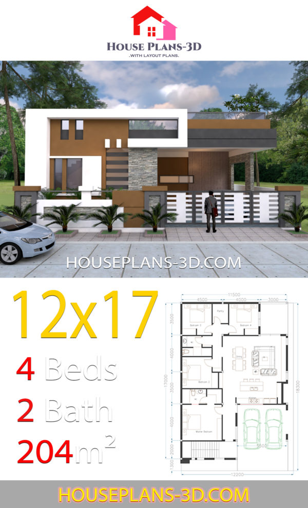 House design 12x17 with 4 bedrooms Terrace roof - House Plans 3D