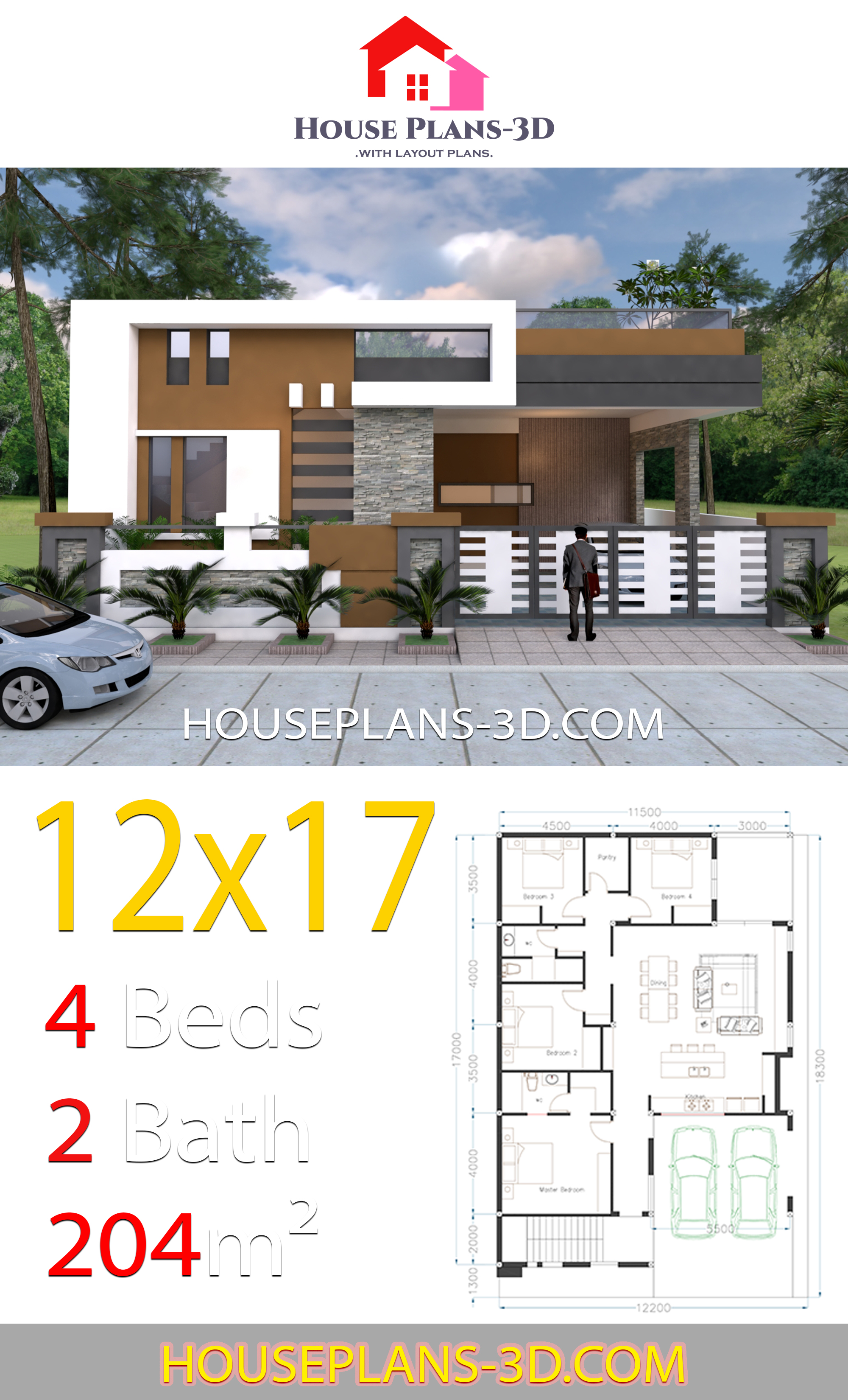House design 12x17 with 4 bedrooms Terrace roof 3d 1