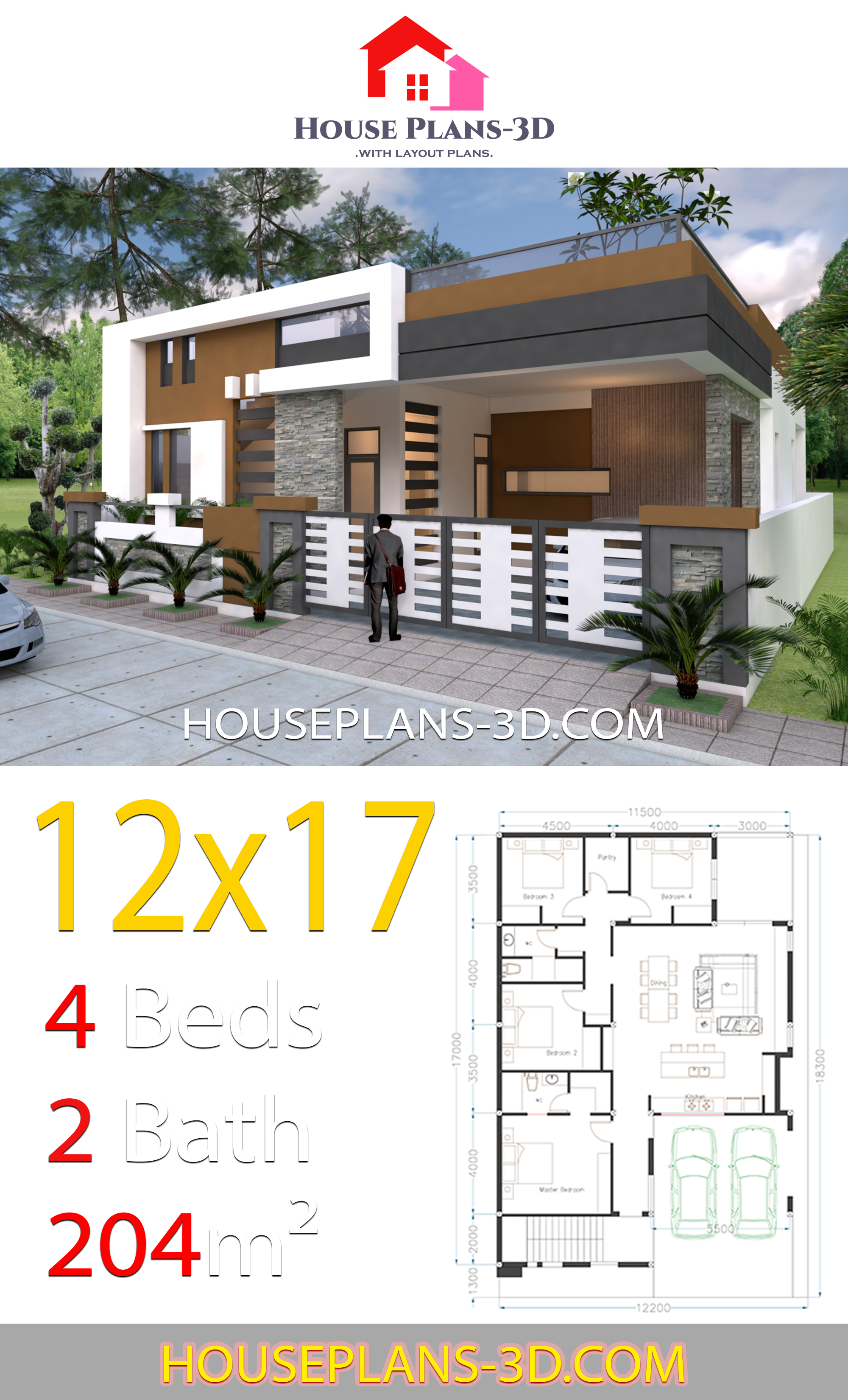 House design 12x17 with 4 bedrooms Terrace roof House Plans 3D