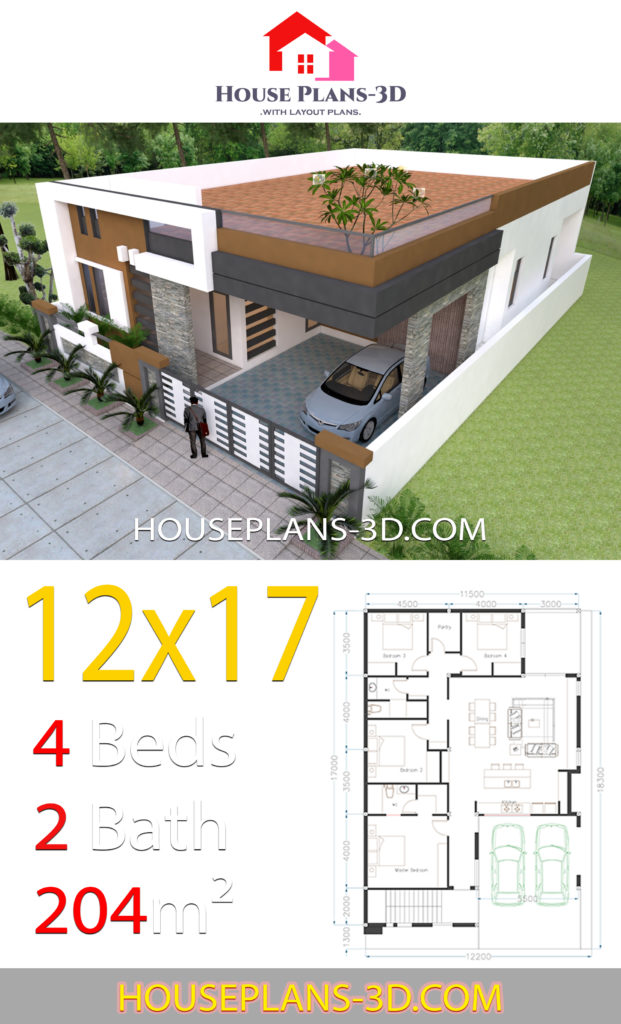 House design 12x17 with 4 bedrooms Terrace roof - House Plans 3D