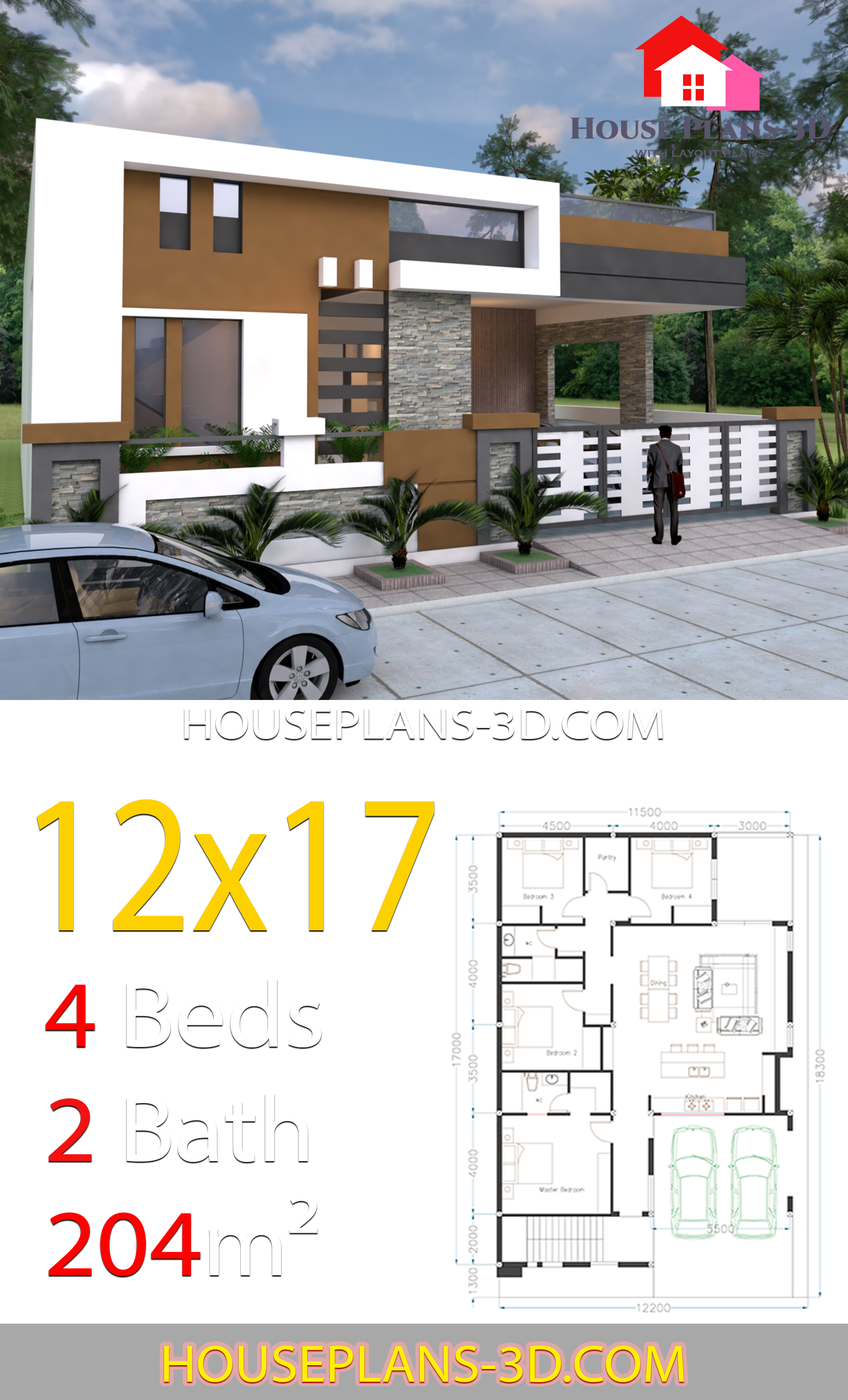 House design 12x17 with 4 bedrooms Terrace roof 3d 3