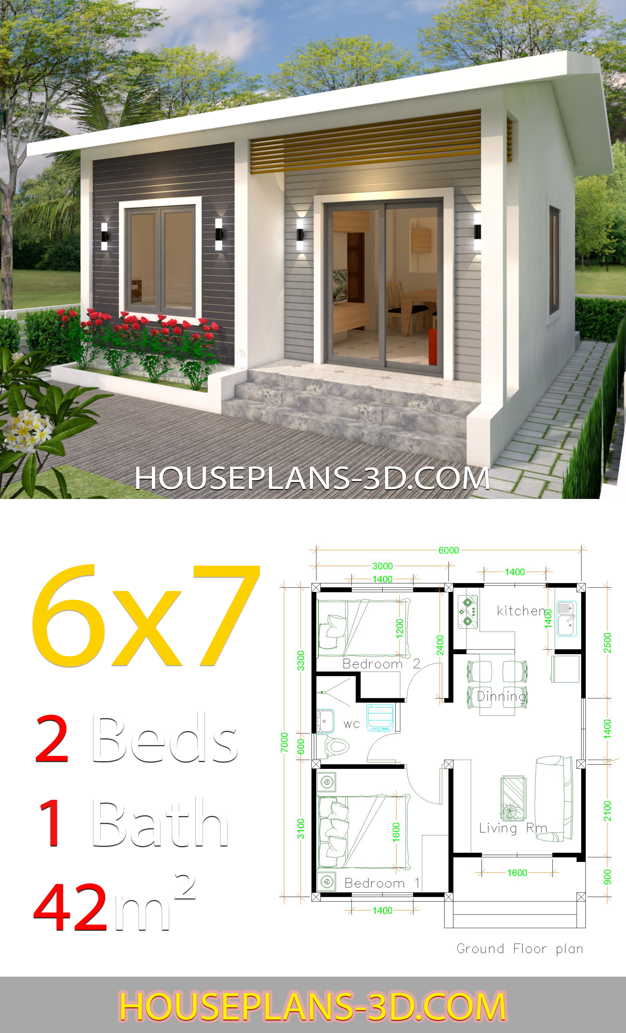 House Design 6x7 with 2 bedrooms 3d 1