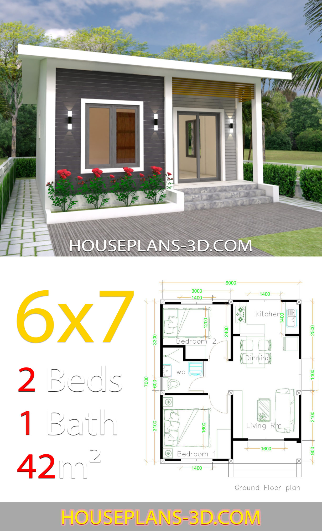 House Design 6x7 with 2 bedrooms - House Plans 3D