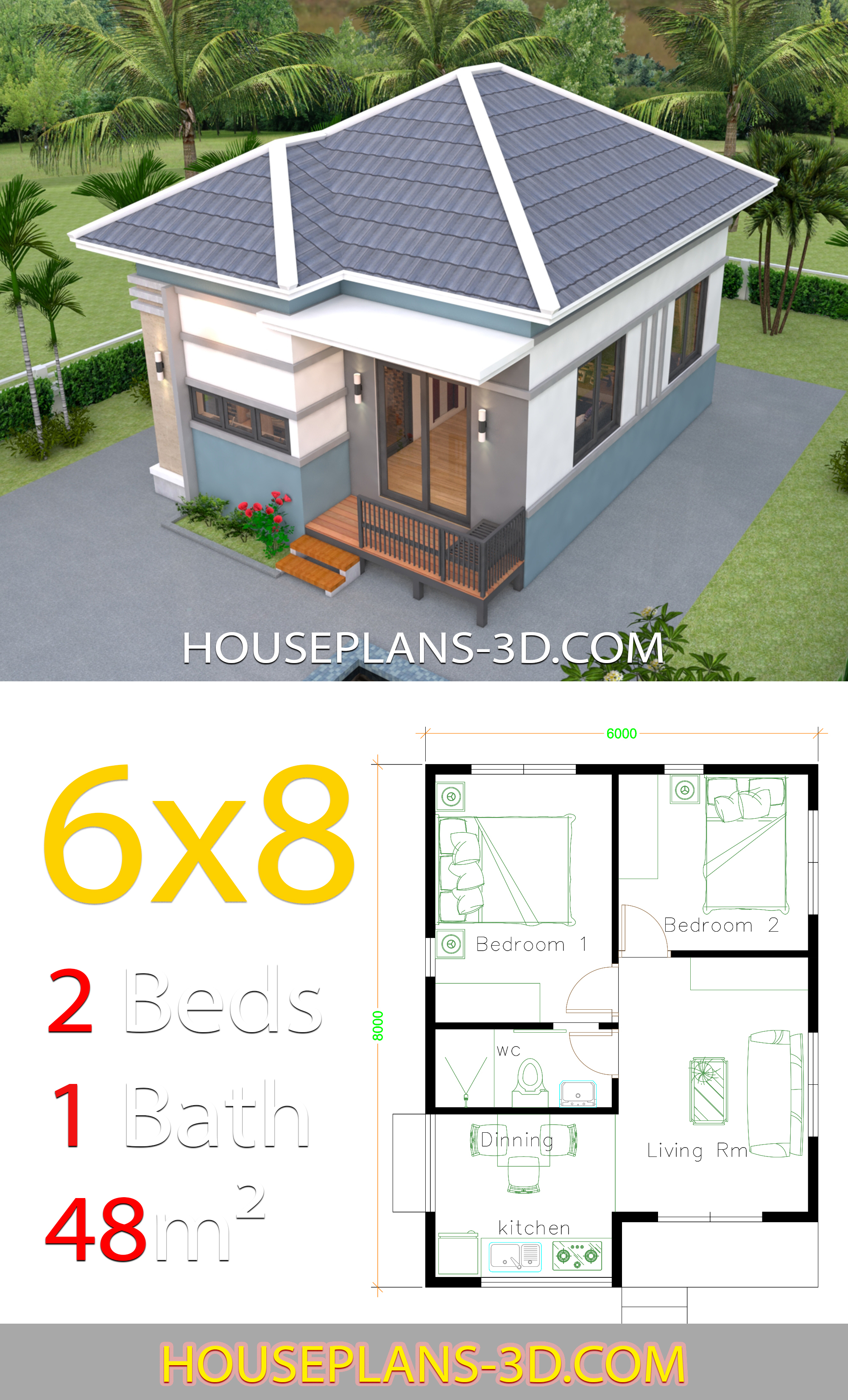  House  Design  6x8 with 2 Bedrooms Hip roof House  Plans  3D