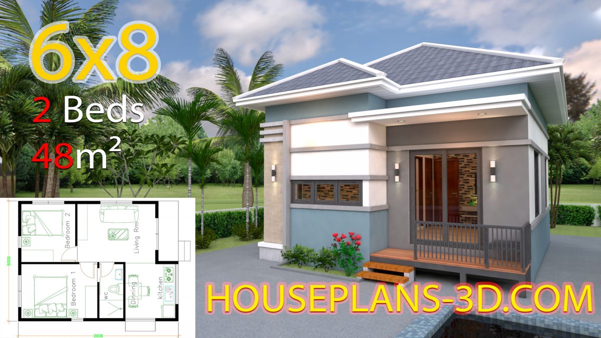 House Design 6x8 with 2 Bedrooms Hip roof