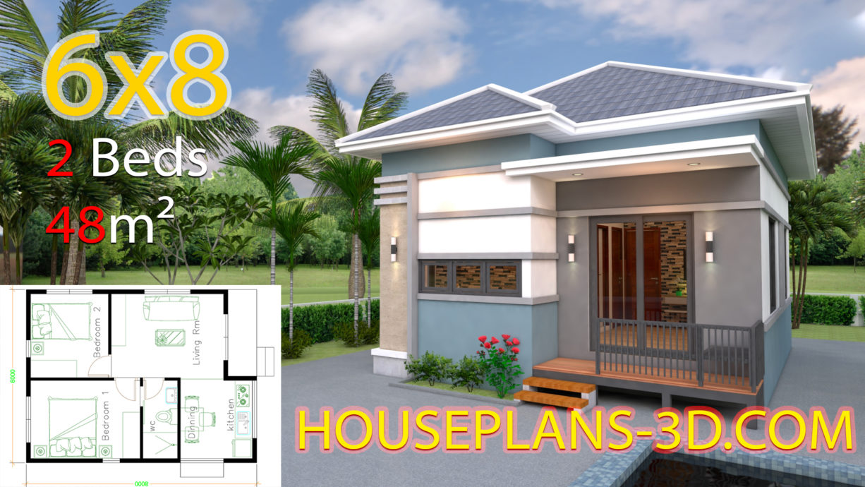 House Design 6x8 with 2 Bedrooms Hip roof - House Plans 3D