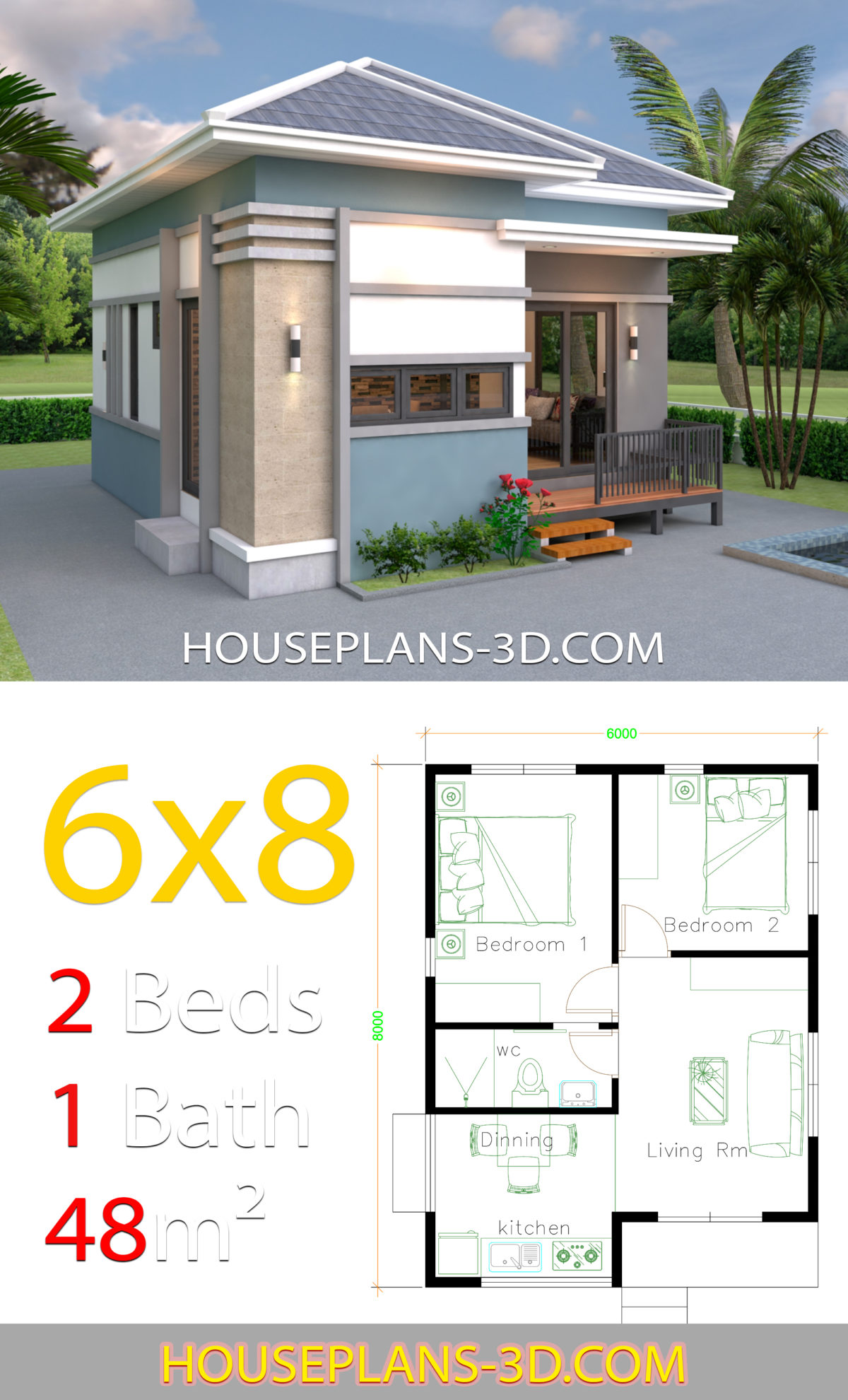 House Design 6x8 with 2 Bedrooms Hip roof - House Plans 3D