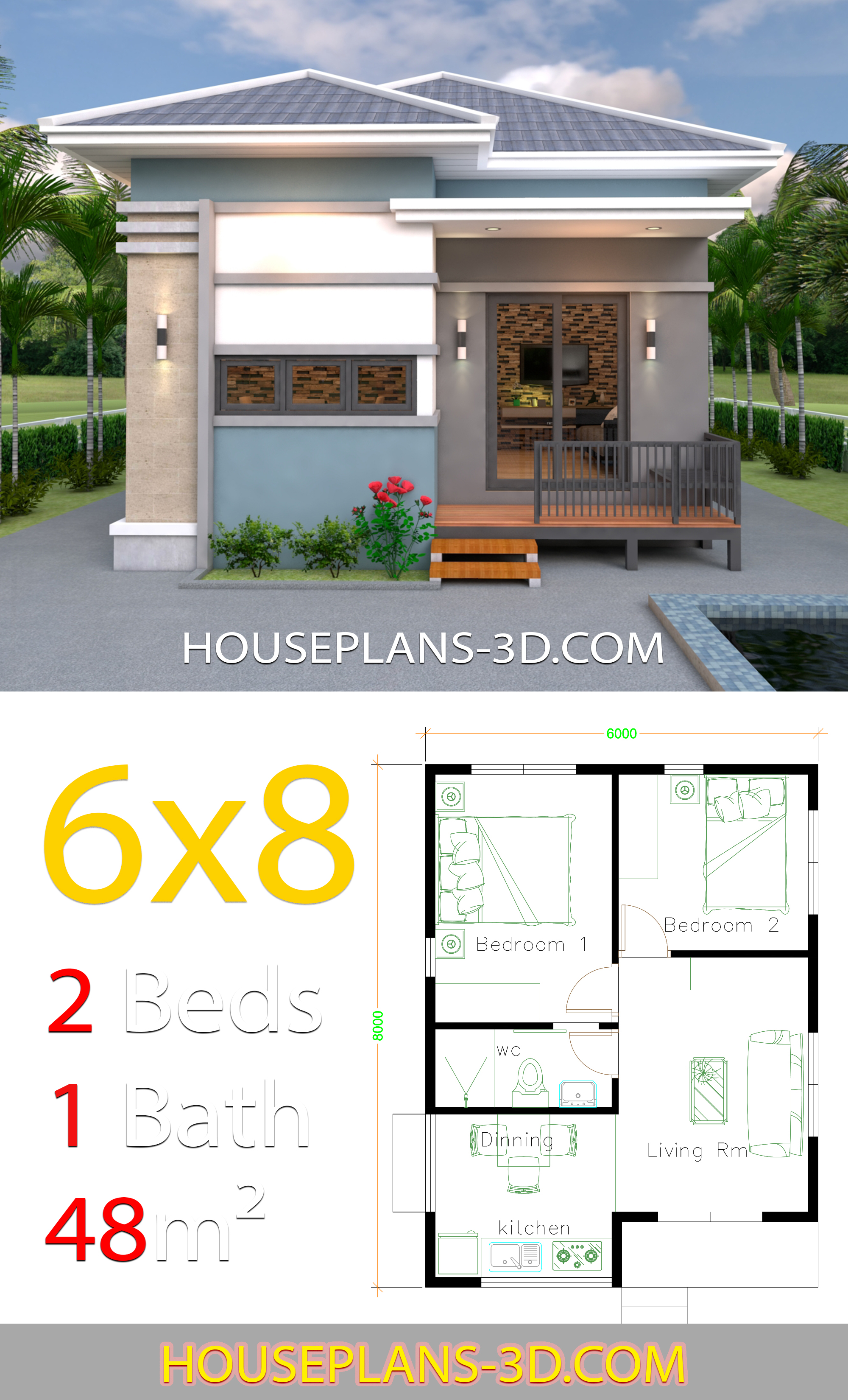 House Design 6x8 with 2 Bedrooms Hip roof 3d 2