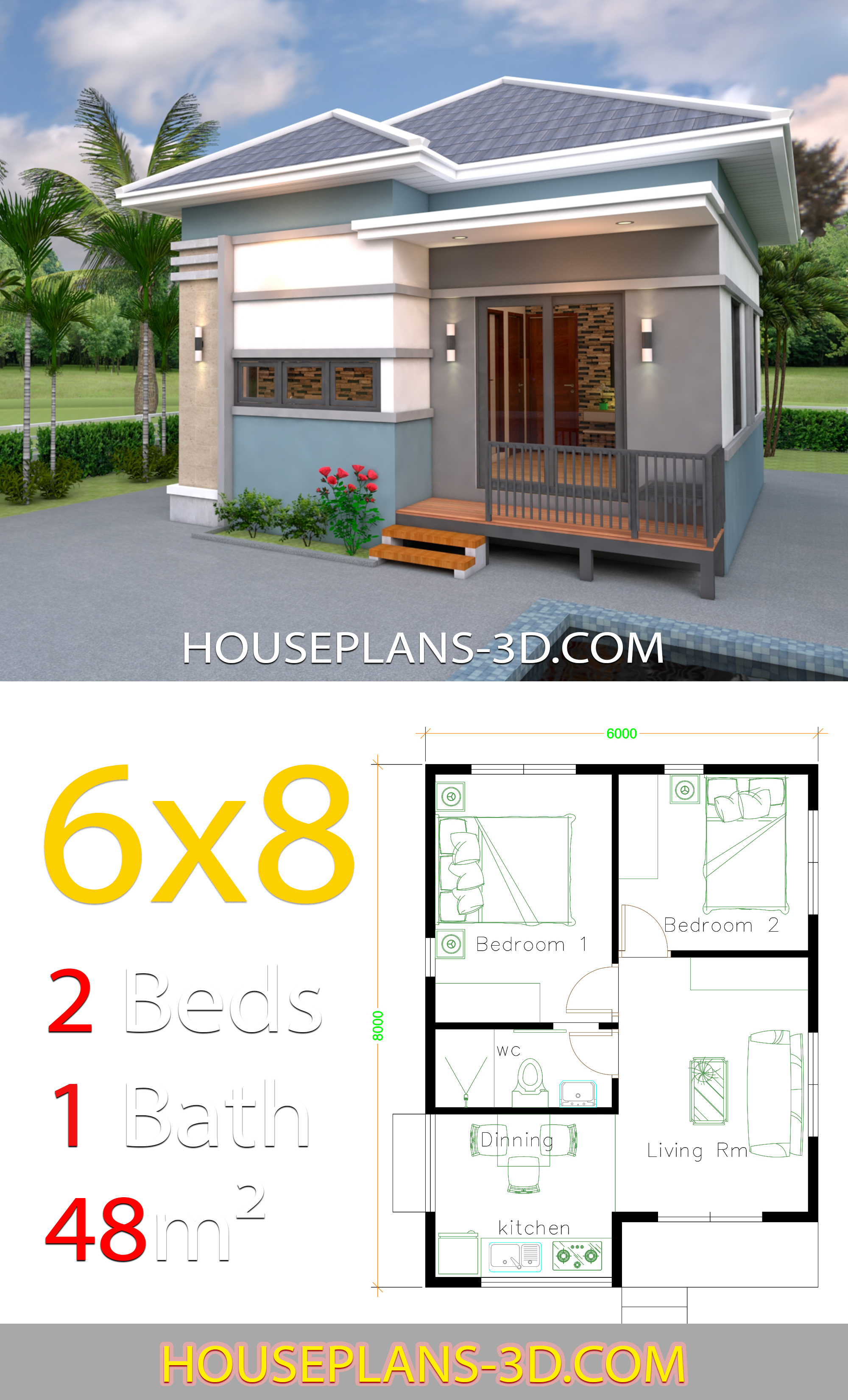 House Design 6x8 with 2 Bedrooms Hip roof 3d 1