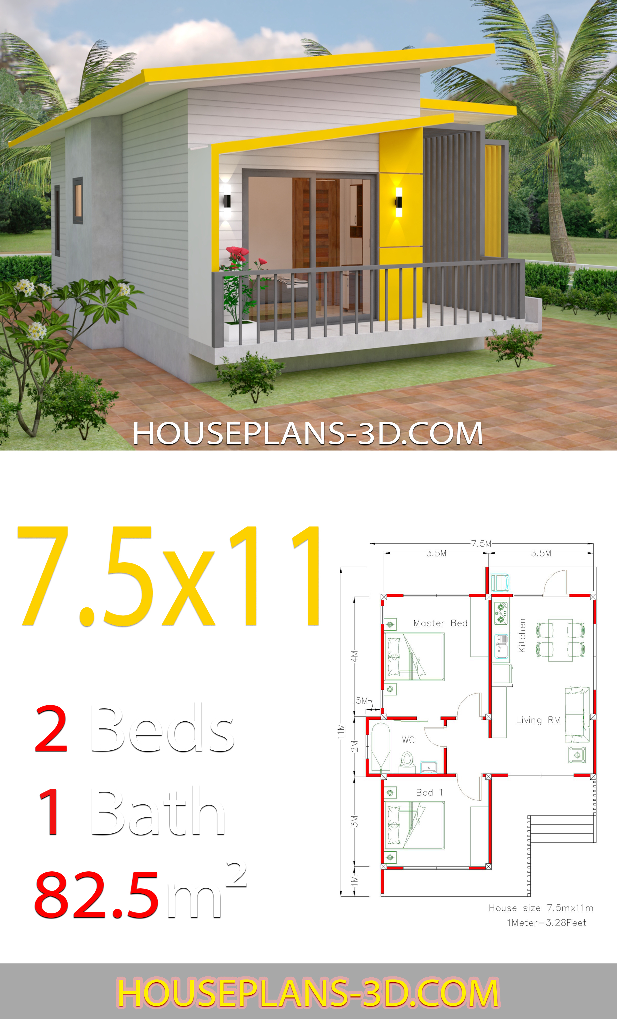 House design 7.5x11 with 2 Bedrooms Full plans 3d 3
