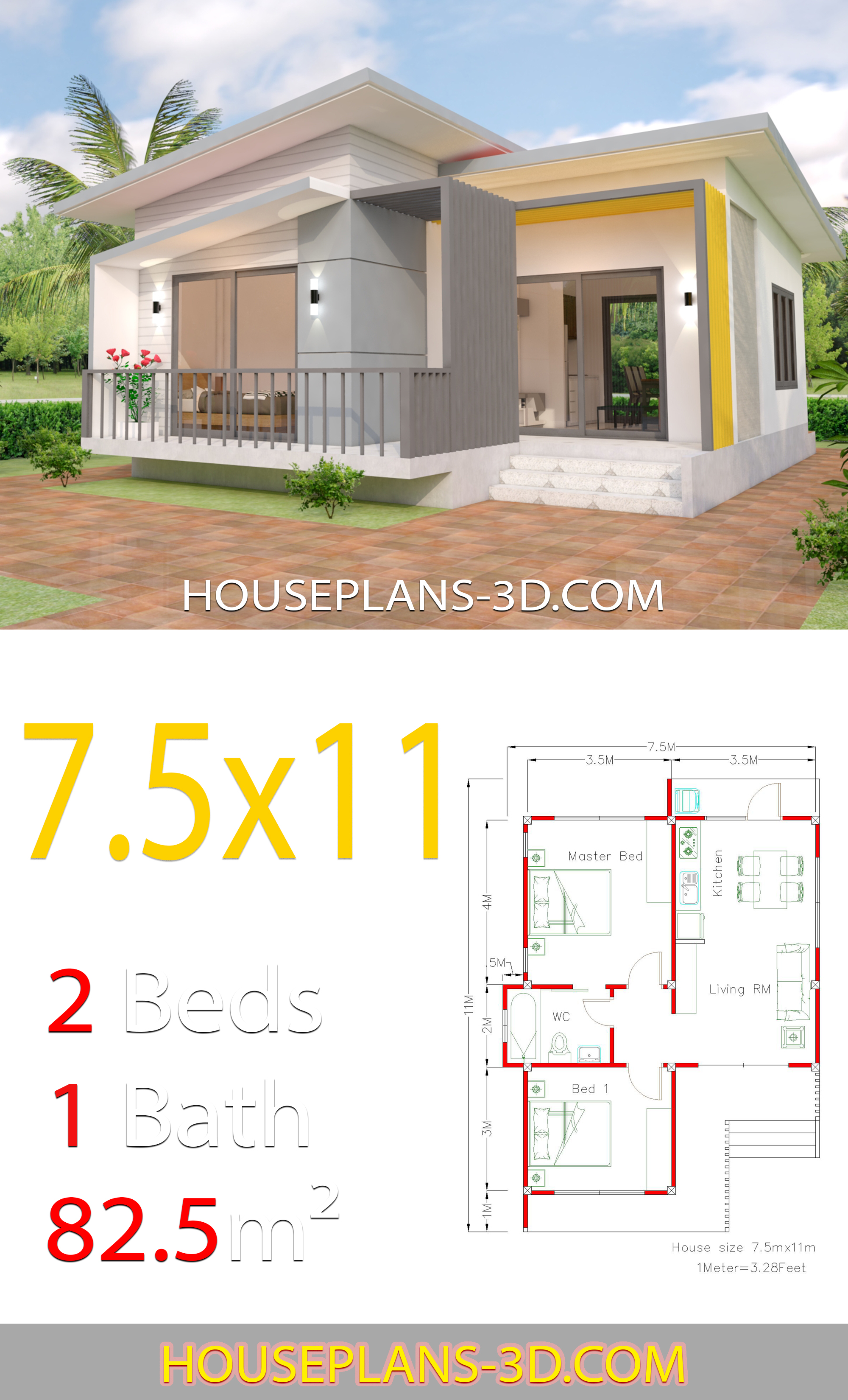 House design 7.5x11 with 2 Bedrooms Full plans 3d 1