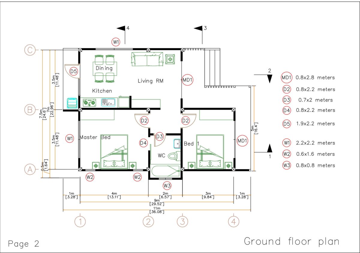 House design 7.5x11 with 2 Bedrooms Full plans 4