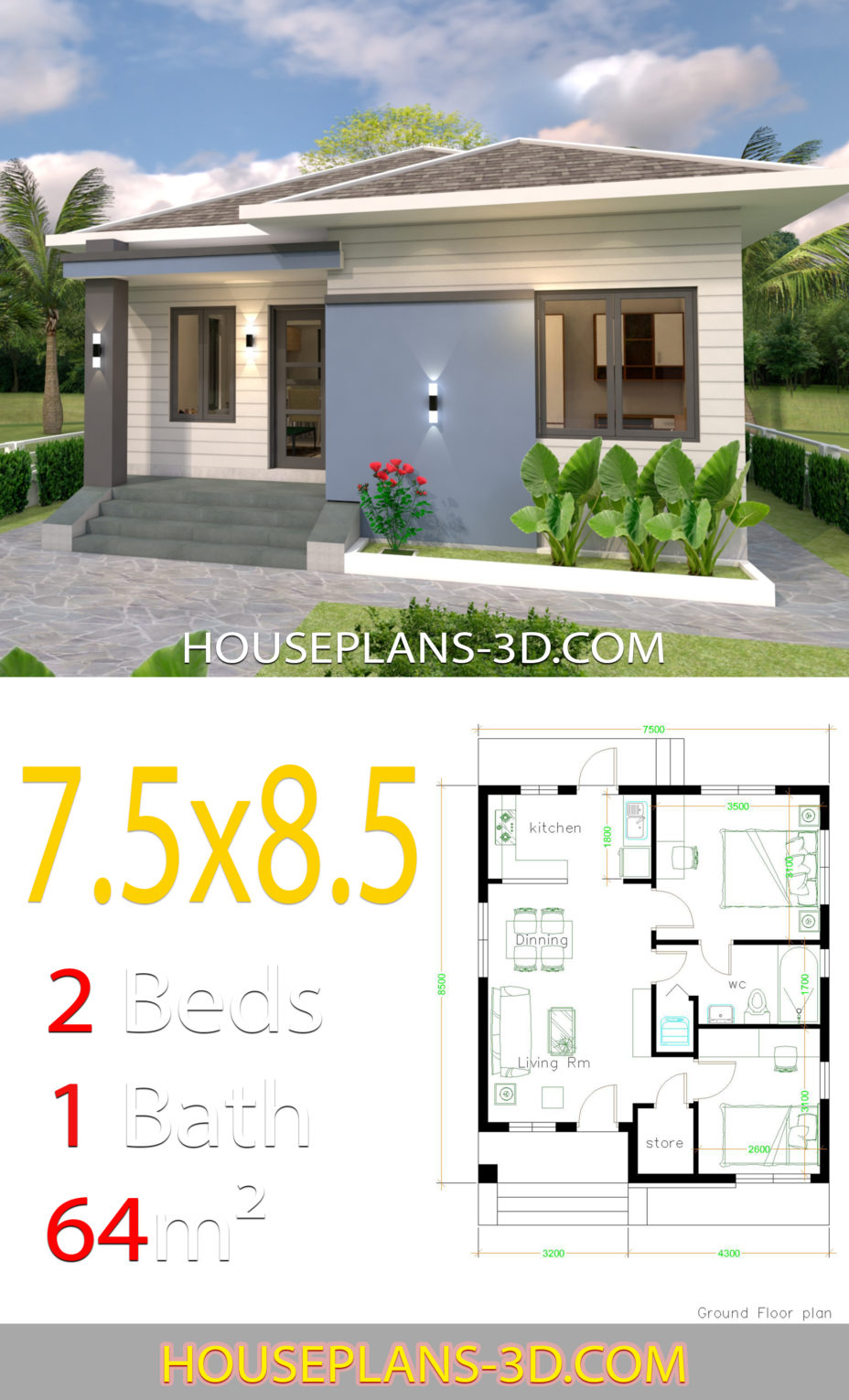 House design 7.5x8.5 with 2 bedrooms - House Plans 3D