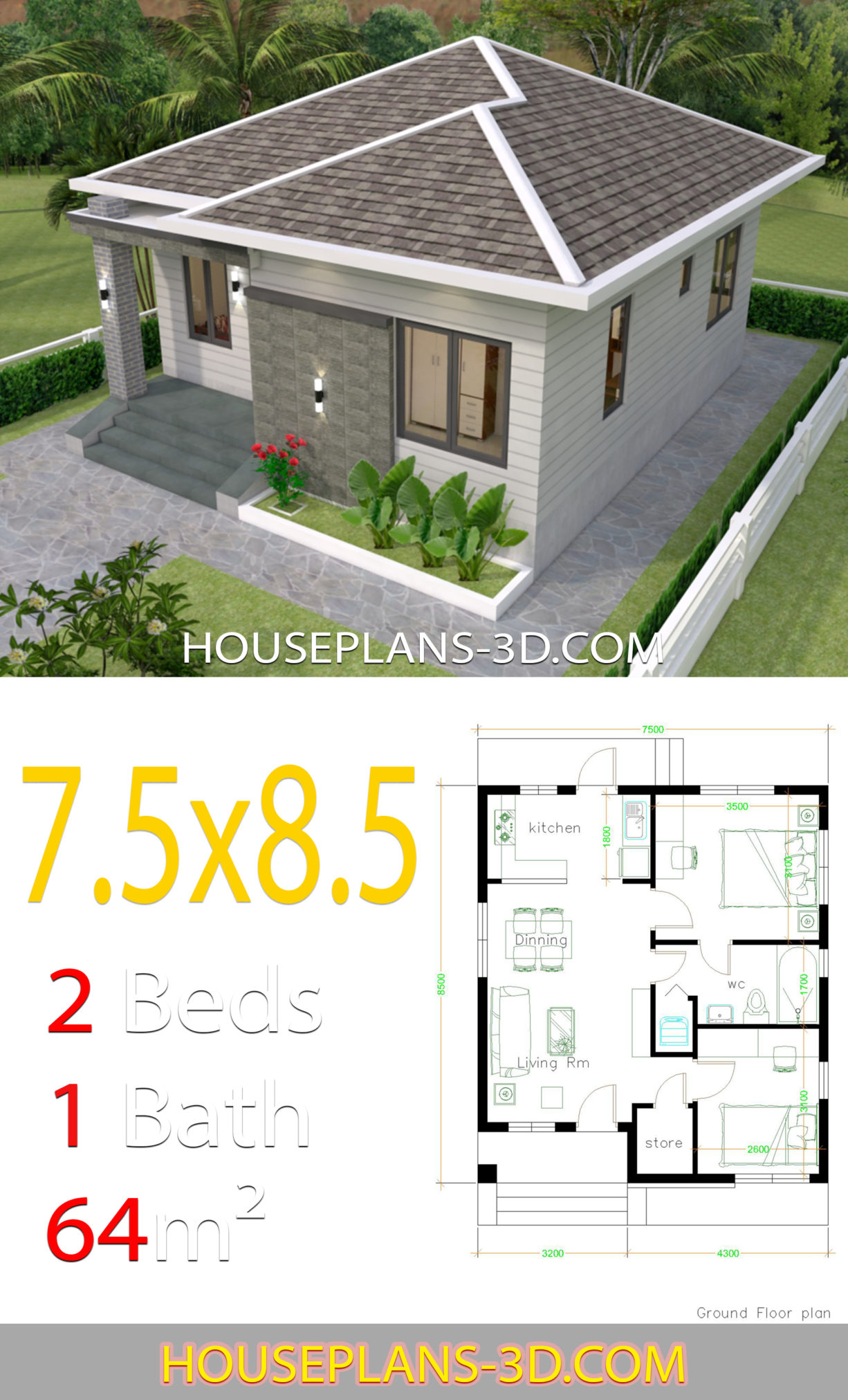 House design 7.5x8.5 with 2 bedrooms - House Plans 3D