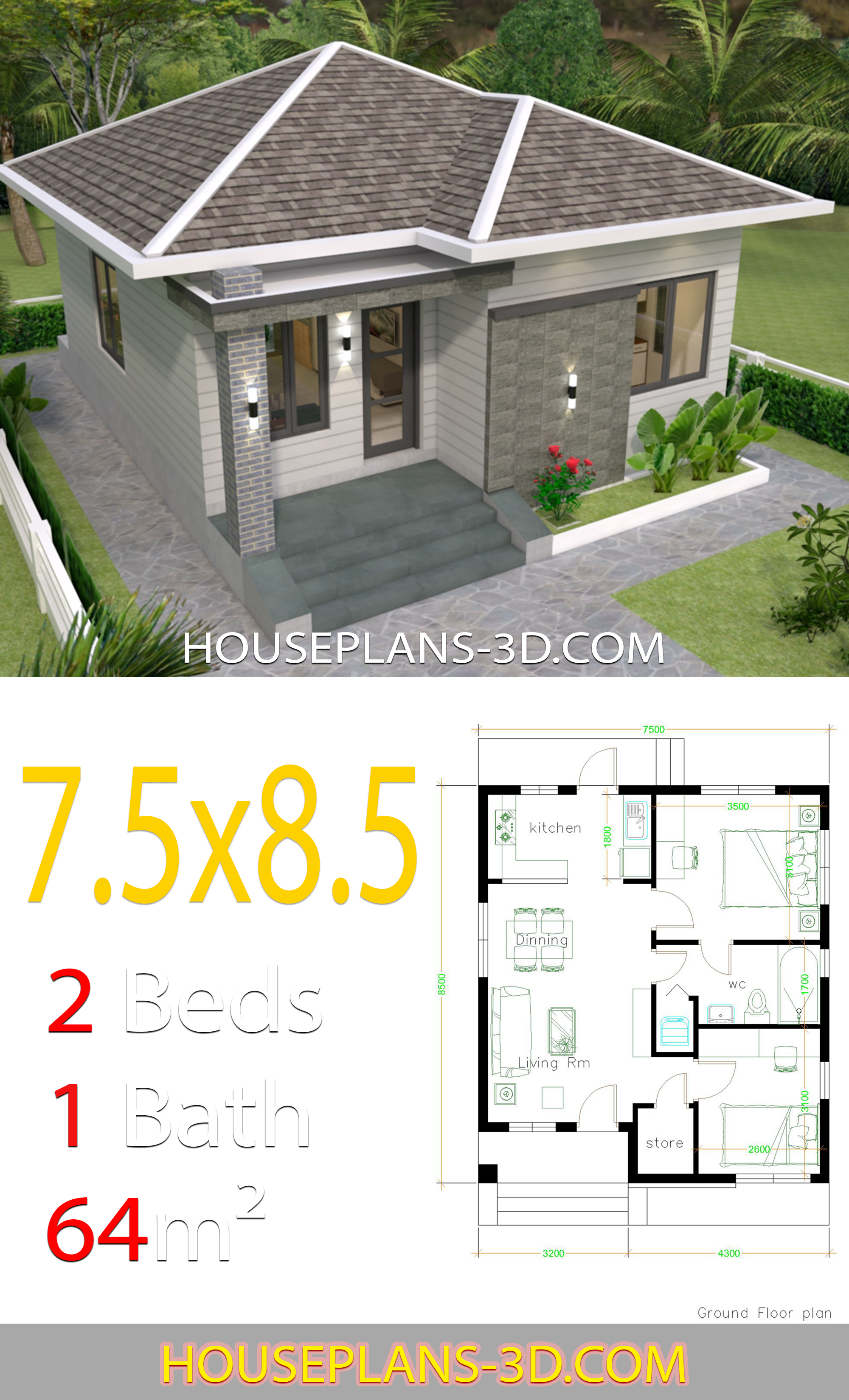 House design 7.5x8.5 with 2 bedrooms 3d 3