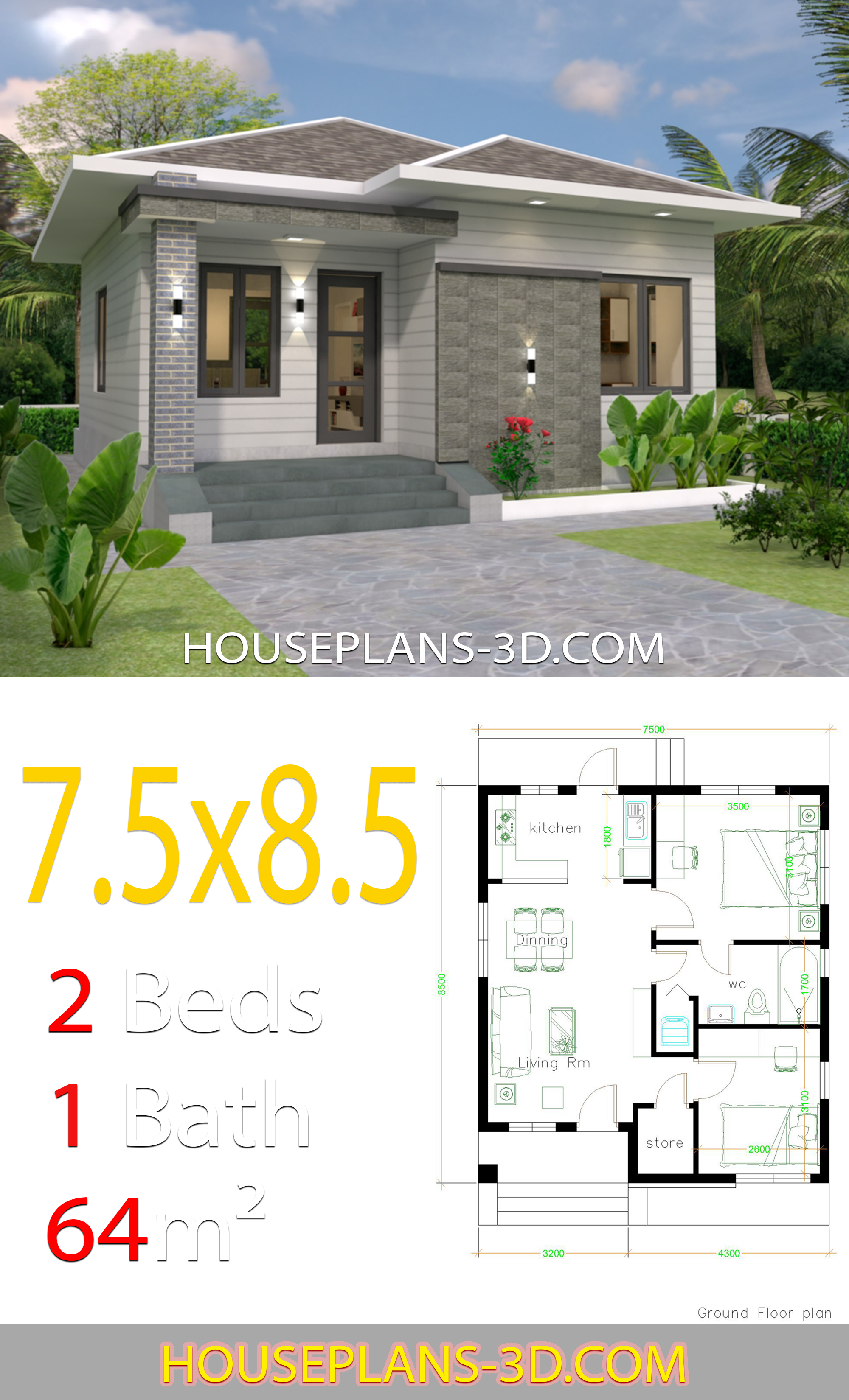 House design 7.5x8.5 with 2 bedrooms 3d 2