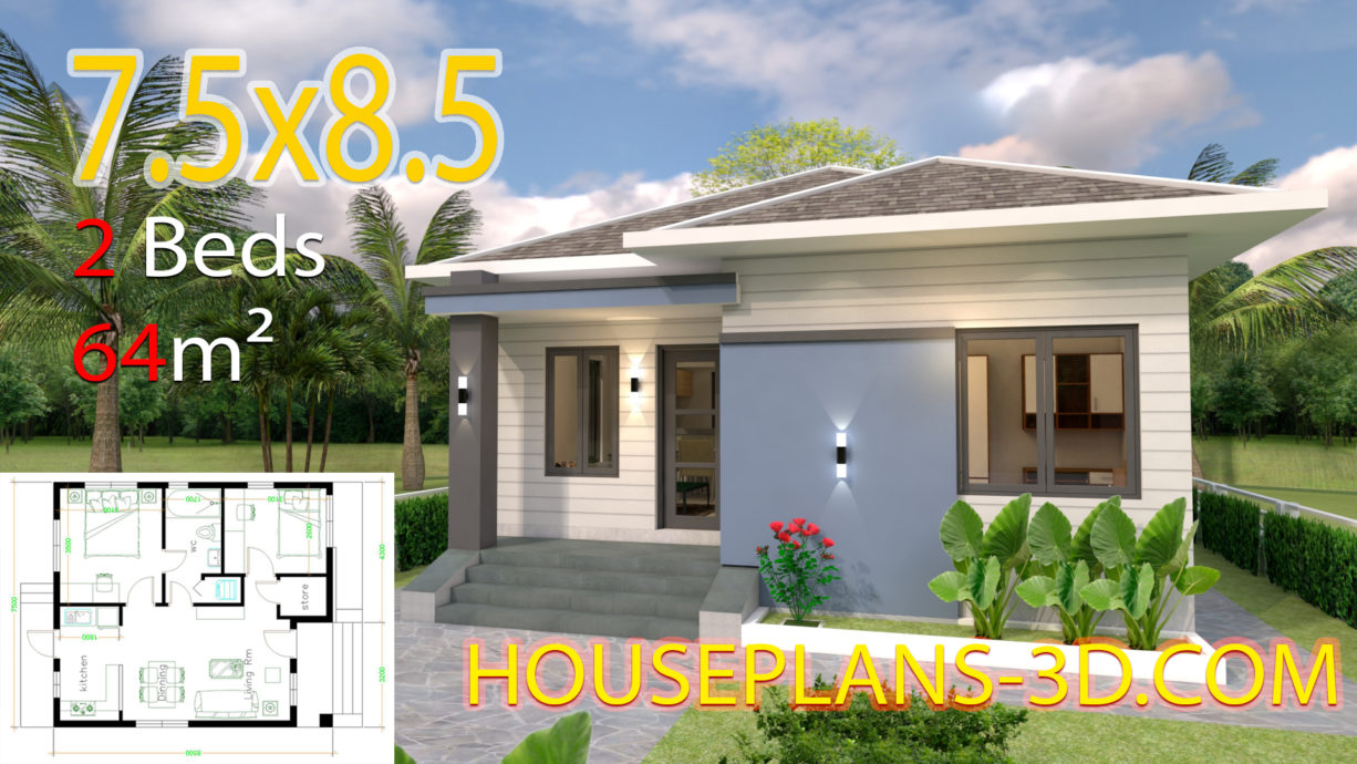 House design 7.5x8.5 with 2 bedrooms - House Plans 3D