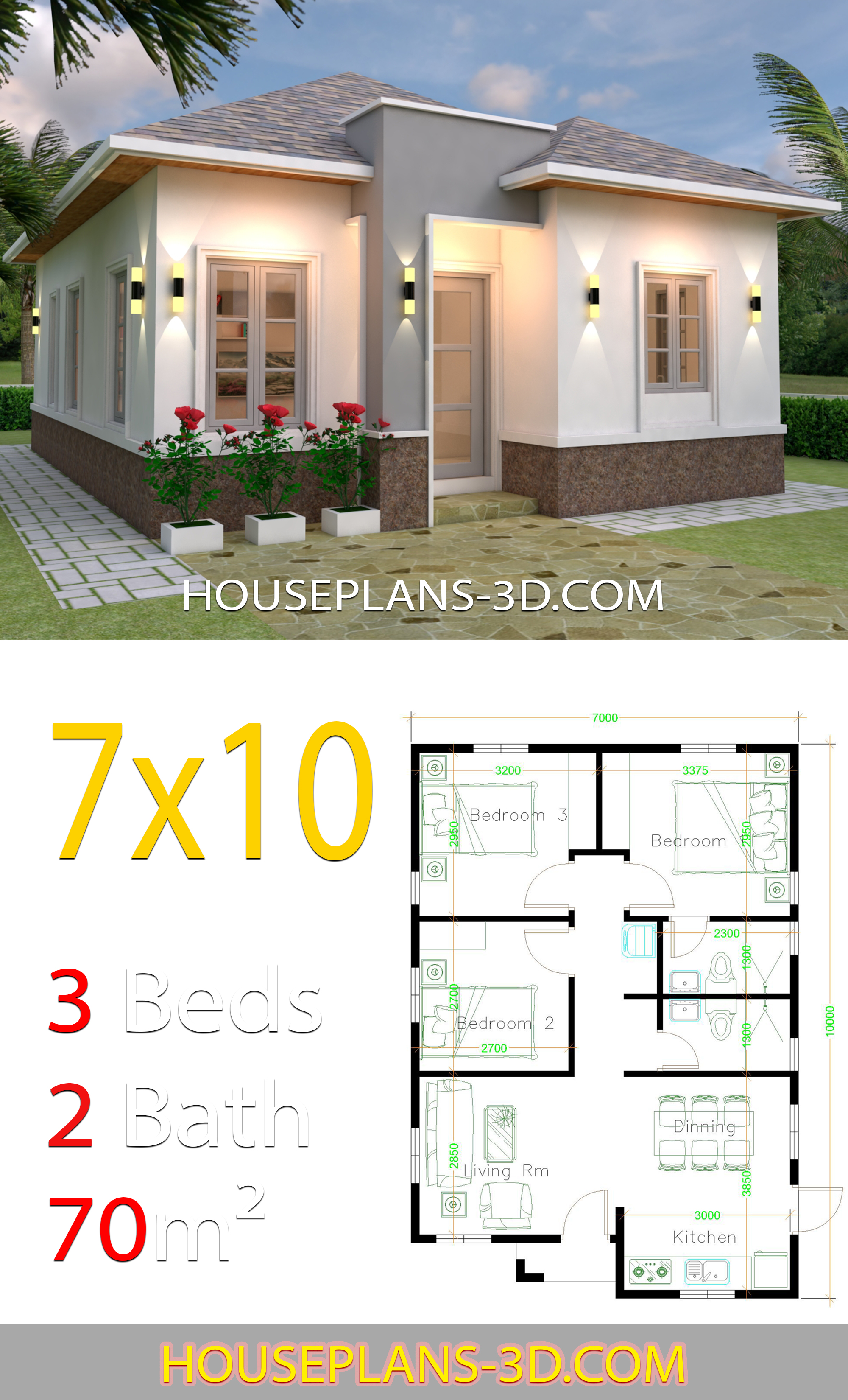 House design 7x10 with 3 Bedrooms Hip roof 3d 2