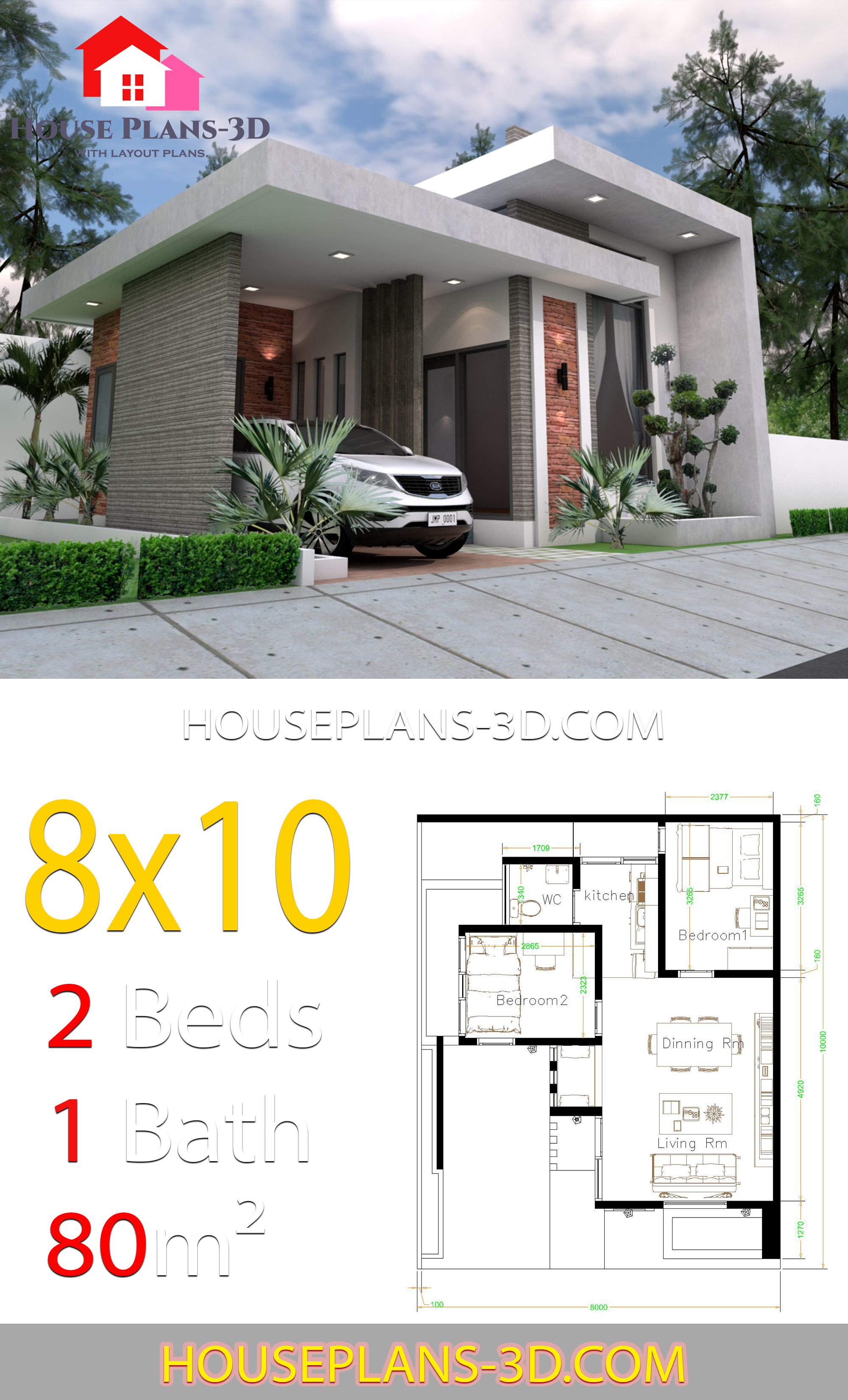 House design 8x10 with 2 Bedrooms Terrace roof 3d 4