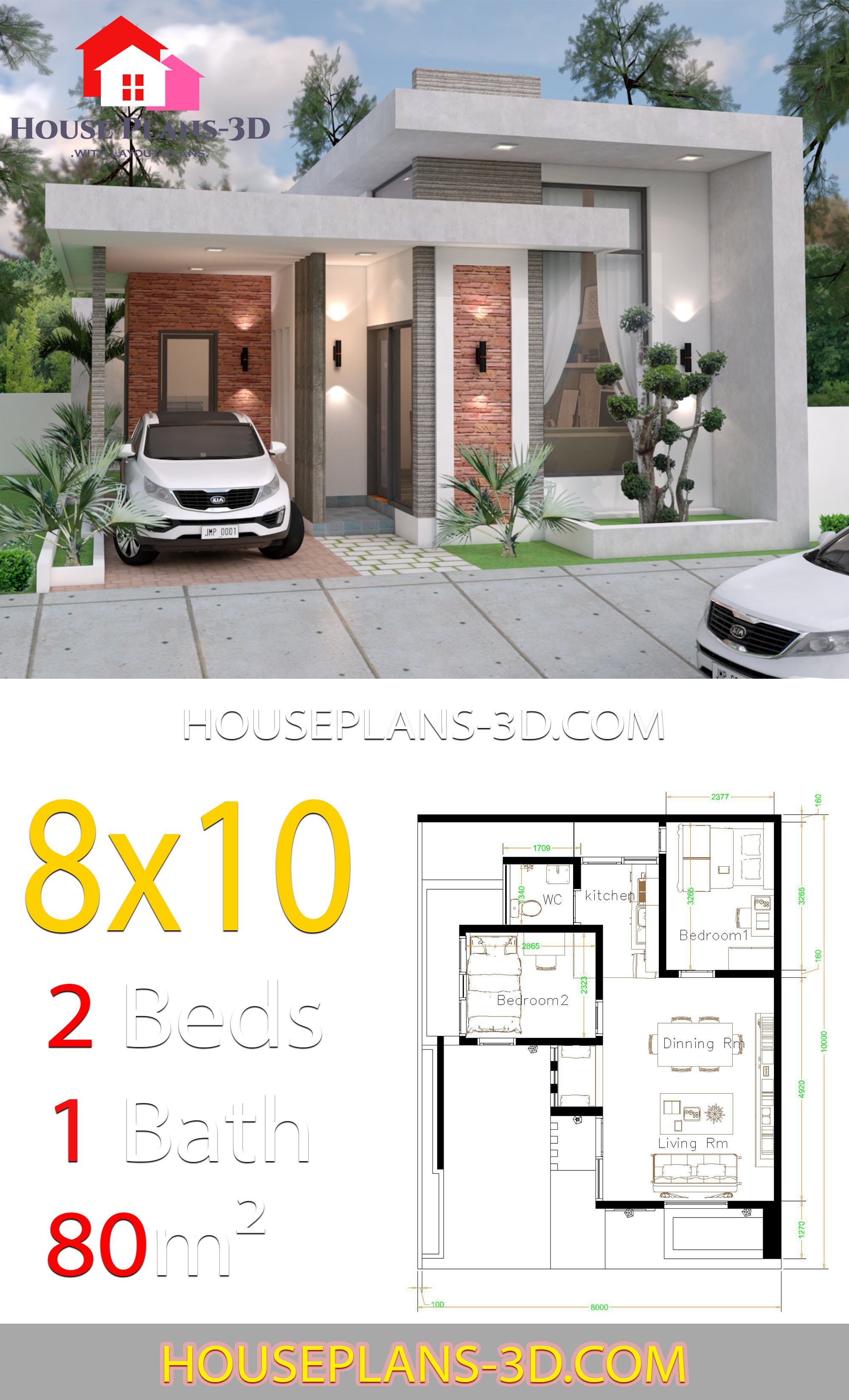House design 8x10 with 2 Bedrooms Terrace roof 3d 1