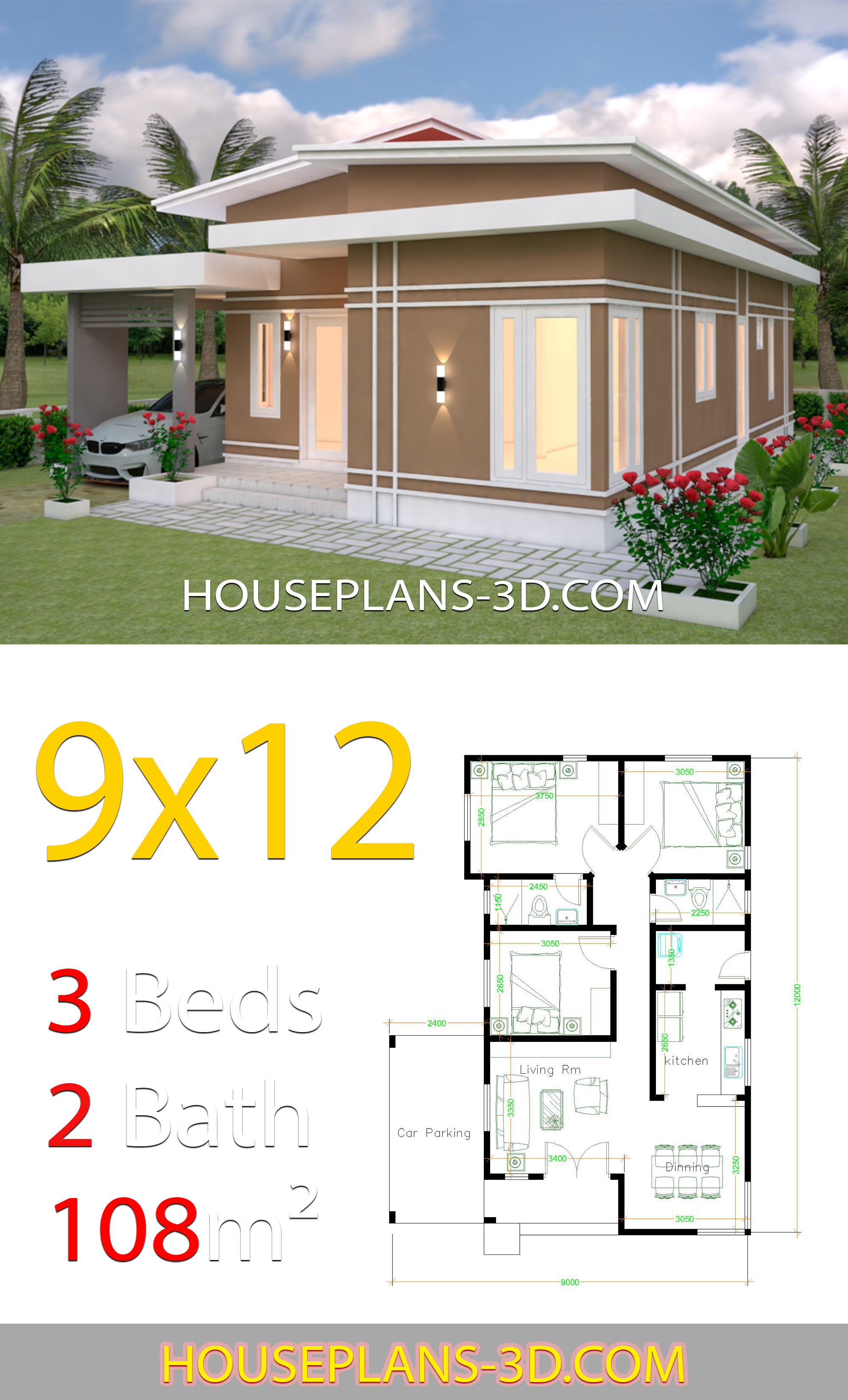 House design 9x12 with 3 bedrooms slop roof 3d 3