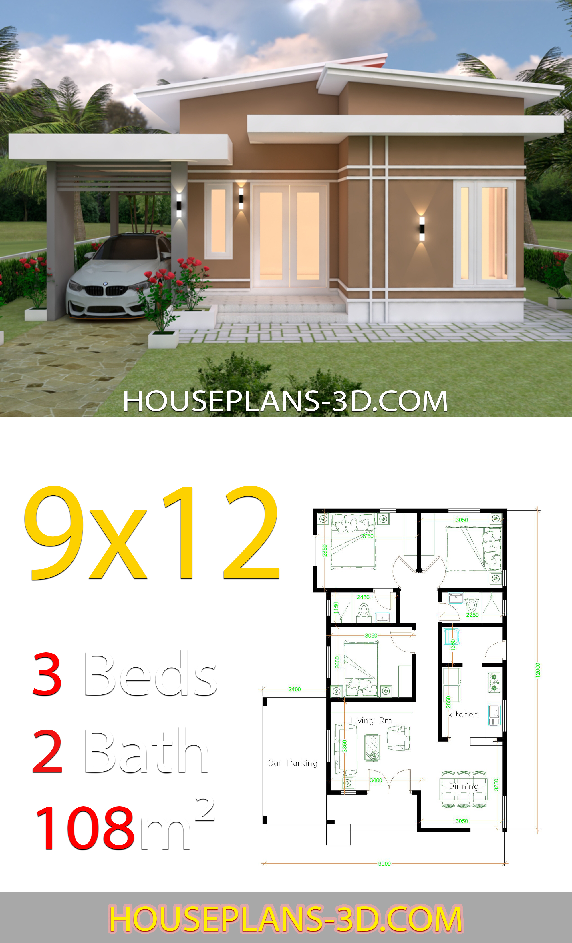 House design 9x12 with 3 bedrooms slop roof 3d 1