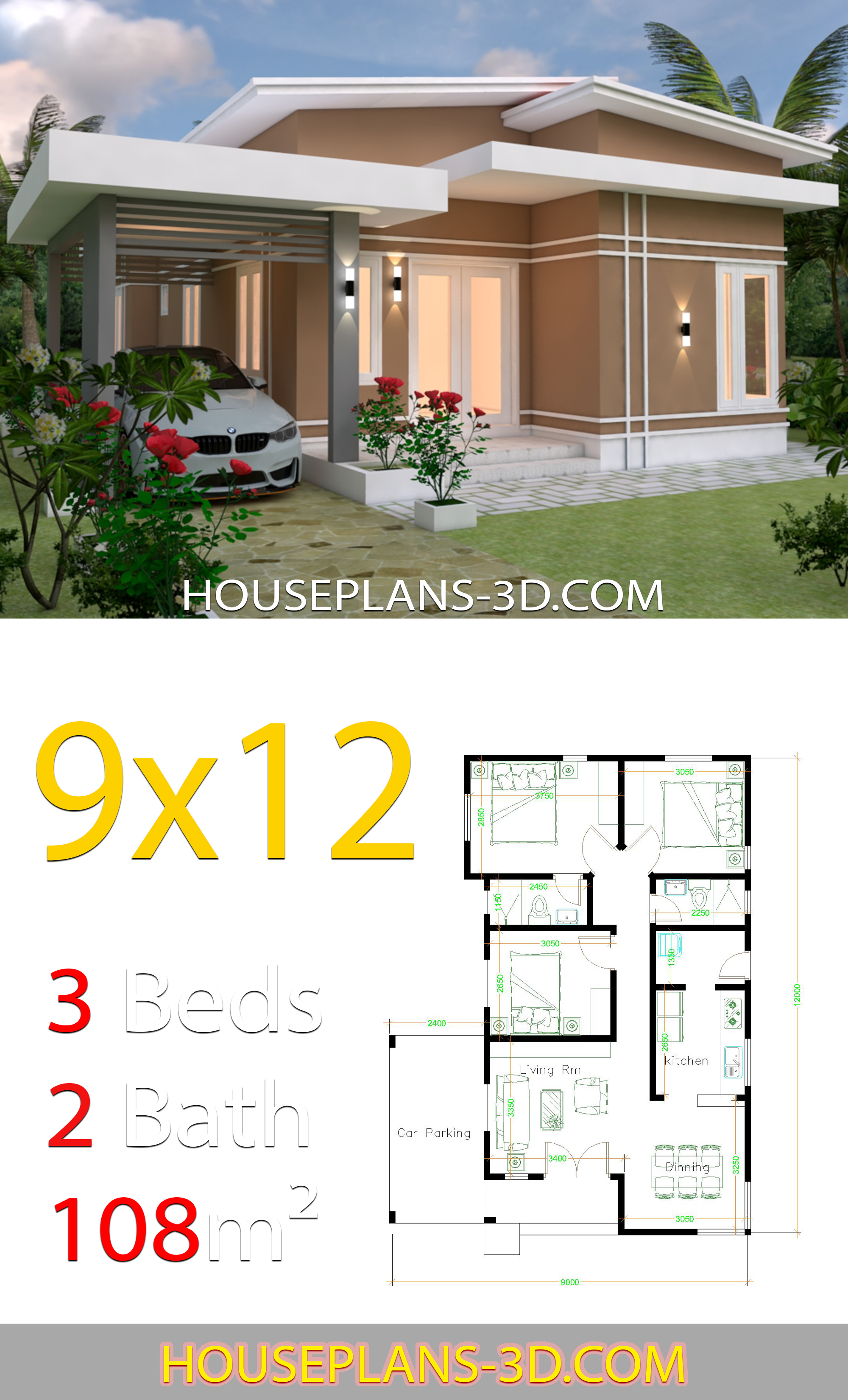 House design 9x12 with 3 bedrooms slop roof 3d 2